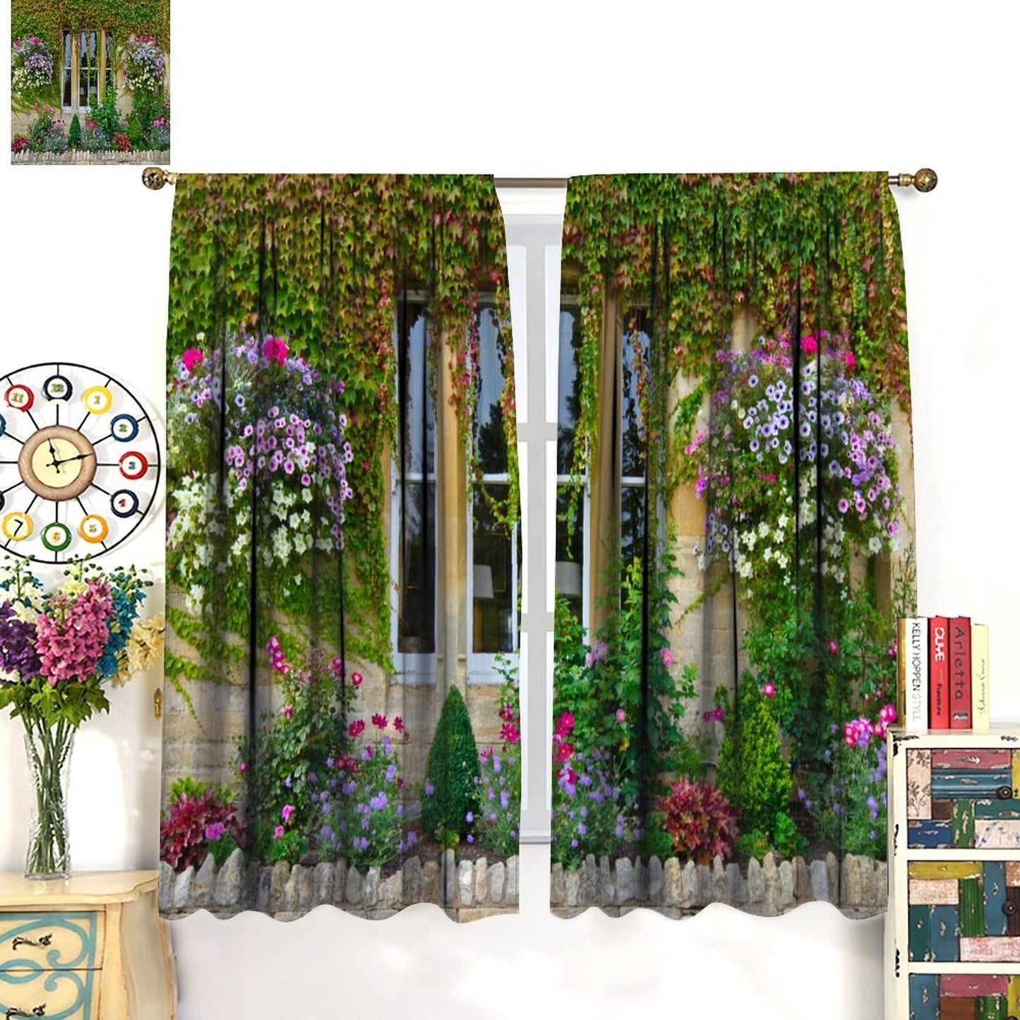 Italian Blackout Curtain,Porch Flowers Pots Plants Floral Flowers Retro Country Farmhouse Print Window Drapes for Bedroom Living Room Kitchen Cafe Office Set 2 Panels,42x45 Inches, Style-4