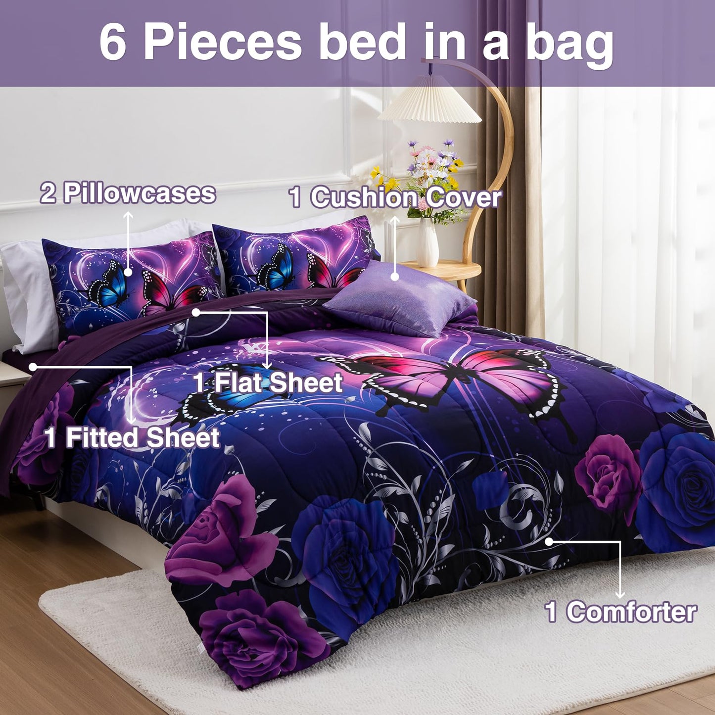 A Nice Night Galaxy 6pcs Bed in a Bag Purple and Blue Dreamy 3D Butterfly Printed, Butterflies Bedding Full Comforter Set, for Girls Kids Teens