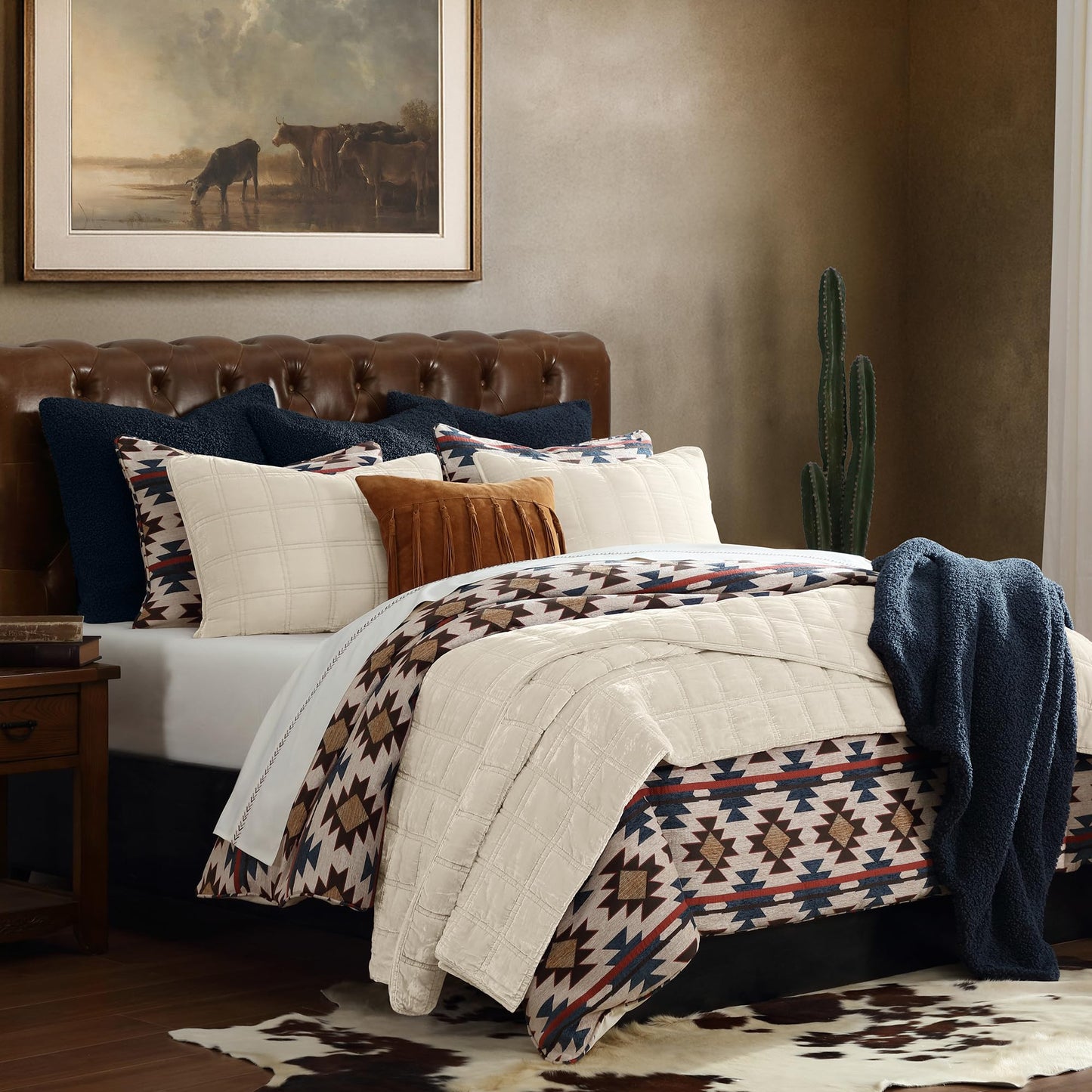 Paseo Road Tasha Polizzi Mariella Western Bedding, 2 Piece Duvet Cover Set, Twin Size, Chenille Red Blue Brown Aztec Bedding Set, Southwestern Tribal Bedding with Pillow Sham