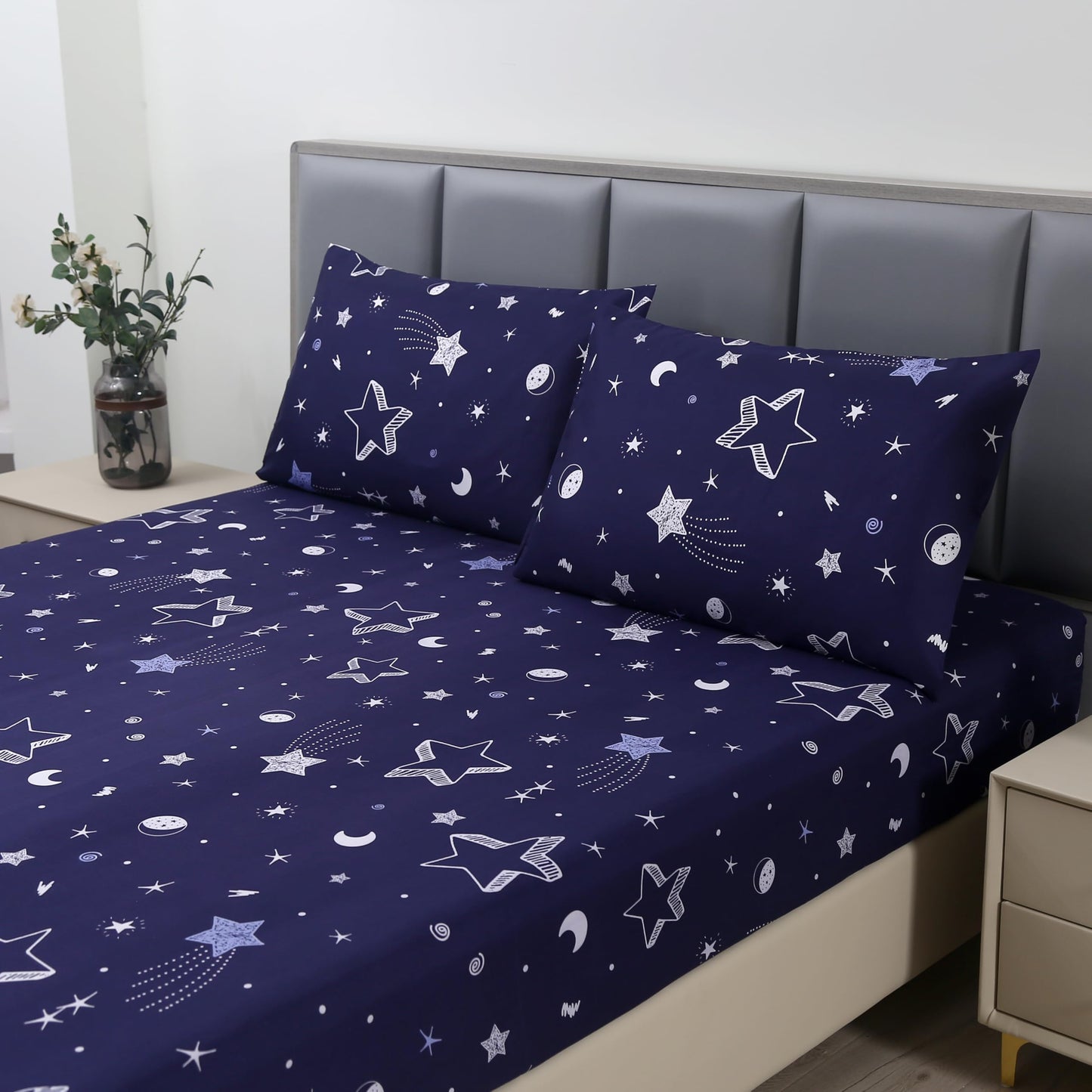 MAG 3pcs Purple Star Full Bed Sheet,Galaxy Space Microfiber Fitted Sheets with1 Fitted and 2 Pillowcases,14 Inches Deep (Purple and White,Full)