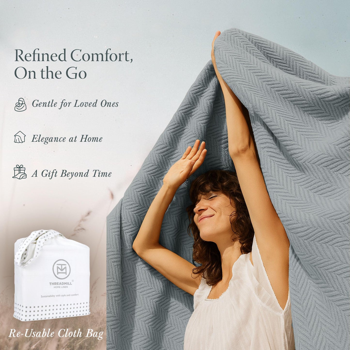 Threadmill Luxury Cotton Blankets for Queen Size Bed | All-Season 100% Cotton Queen Size Blanket | Herringbone Cozy, Soft Breathable Fall Thermal Blanket fits Full Size Bed | Scottish Grey