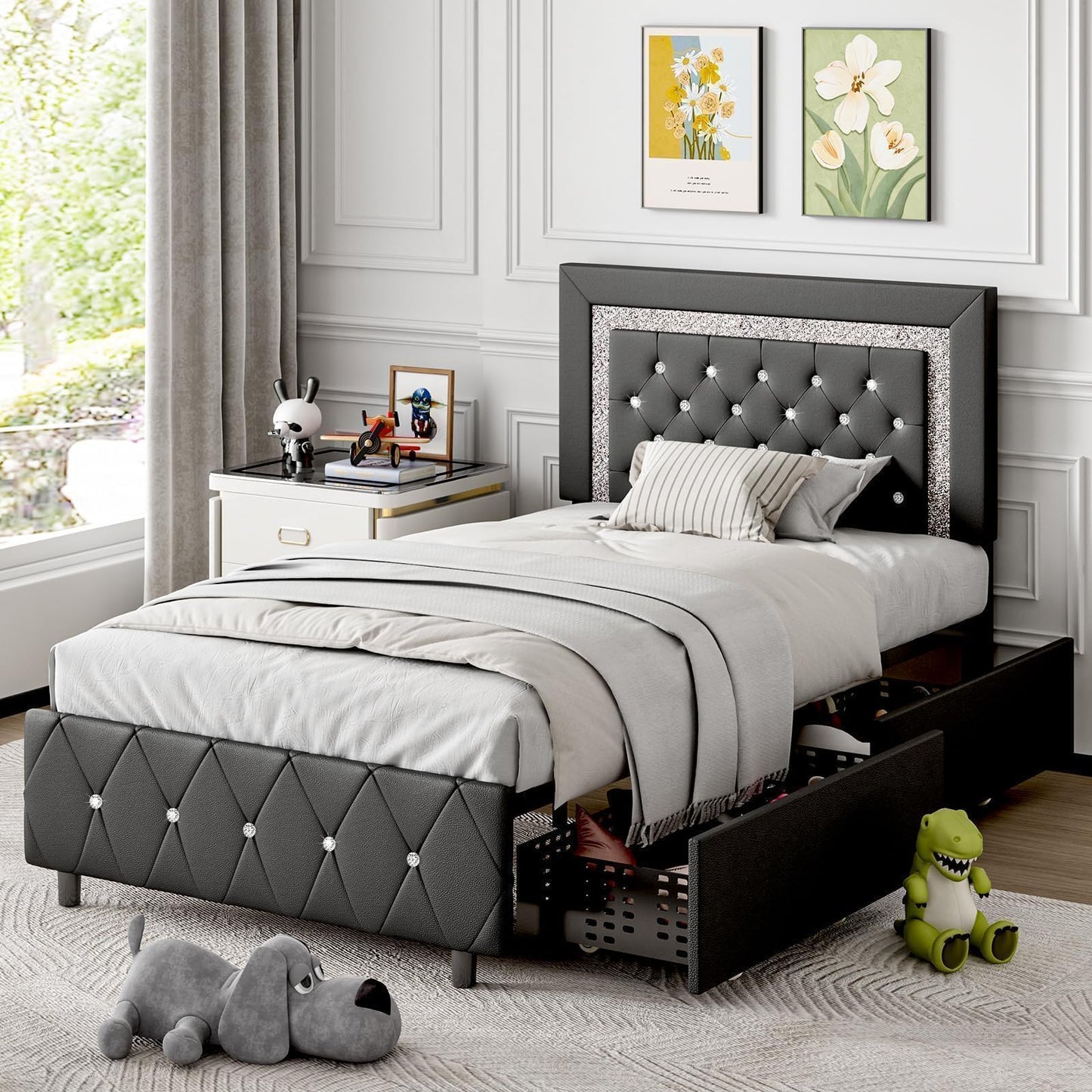 BarnFurin Twin Bed Frames with LED Lights and Storage Drawers, Upholstered Bed Frame with Diamond Headboard, Faux Leather Modern Platform Bed, Wooden Slats Support, No Box Spring Needed, Black