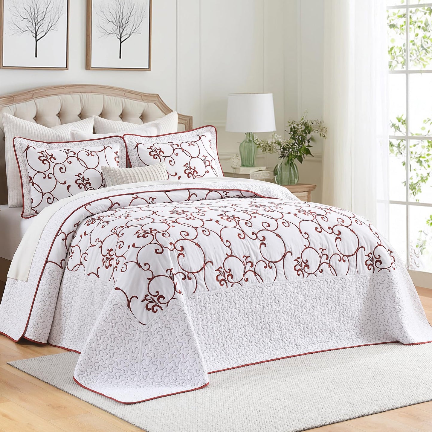 FineStichery Oversized Queen Bedspread 120"x102" - 100% Cotton Extra Large Quilt, Embroidered Bedspread Coverlet with Pillow Shams, Lightweight Quilted Bedding Set 3 Piece, Burgundy/White