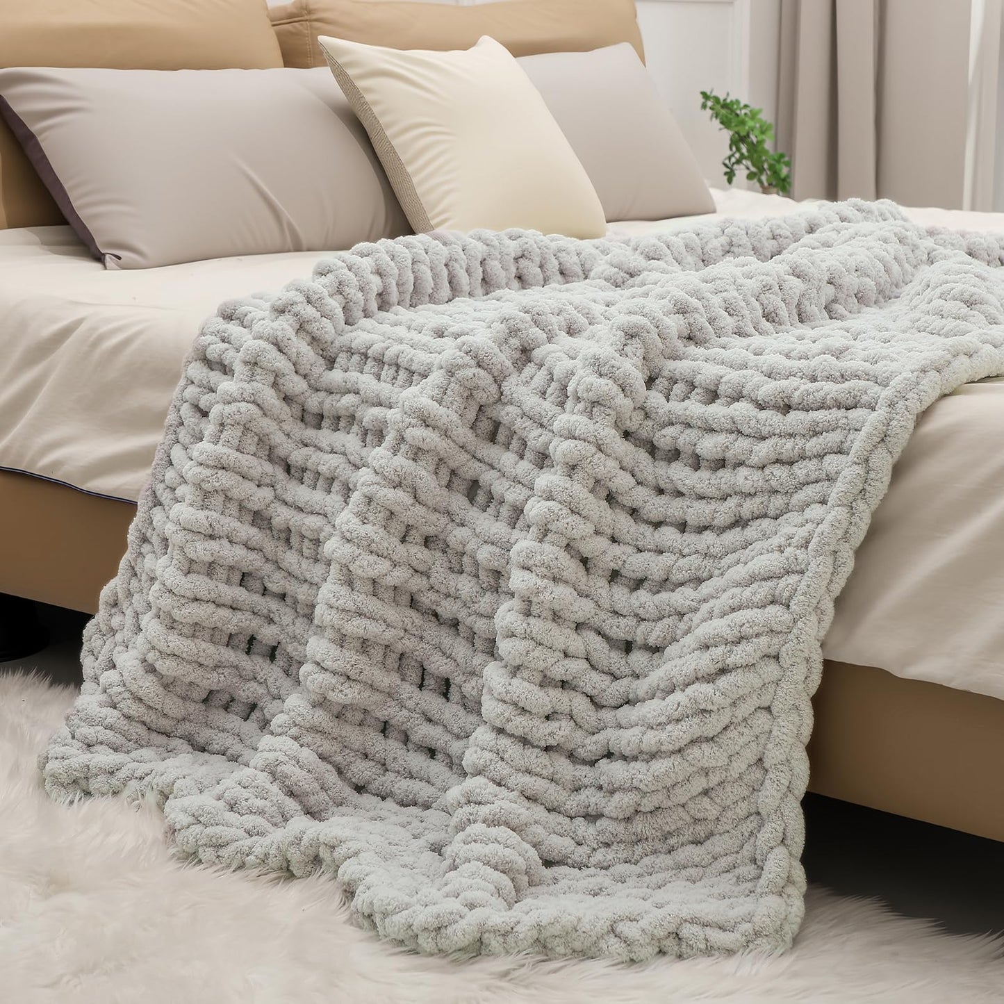 bearberry Chunky Knit Throw Blanket 50x60 Inches Handmade, Soft Jumbo Chenille Yarn with Cable Rope Knot Design | Thick Cozy Large Blanket for Couch, Sofa, Bed & Living Room Home Decor | Light Grey