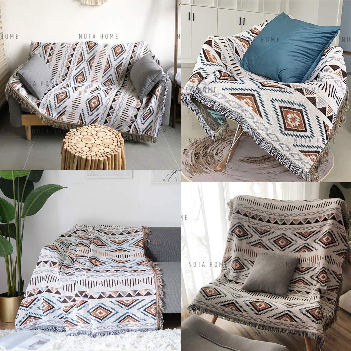 Lqprom Boho Throw Blankets Knit Bed Blankets with Tassel Aztec Western Throws Cover Farmhouse Decor for All Season Sofa Couch Chair Outdoor Camping Picnic Tent Beach Car Traveling 63"x87"
