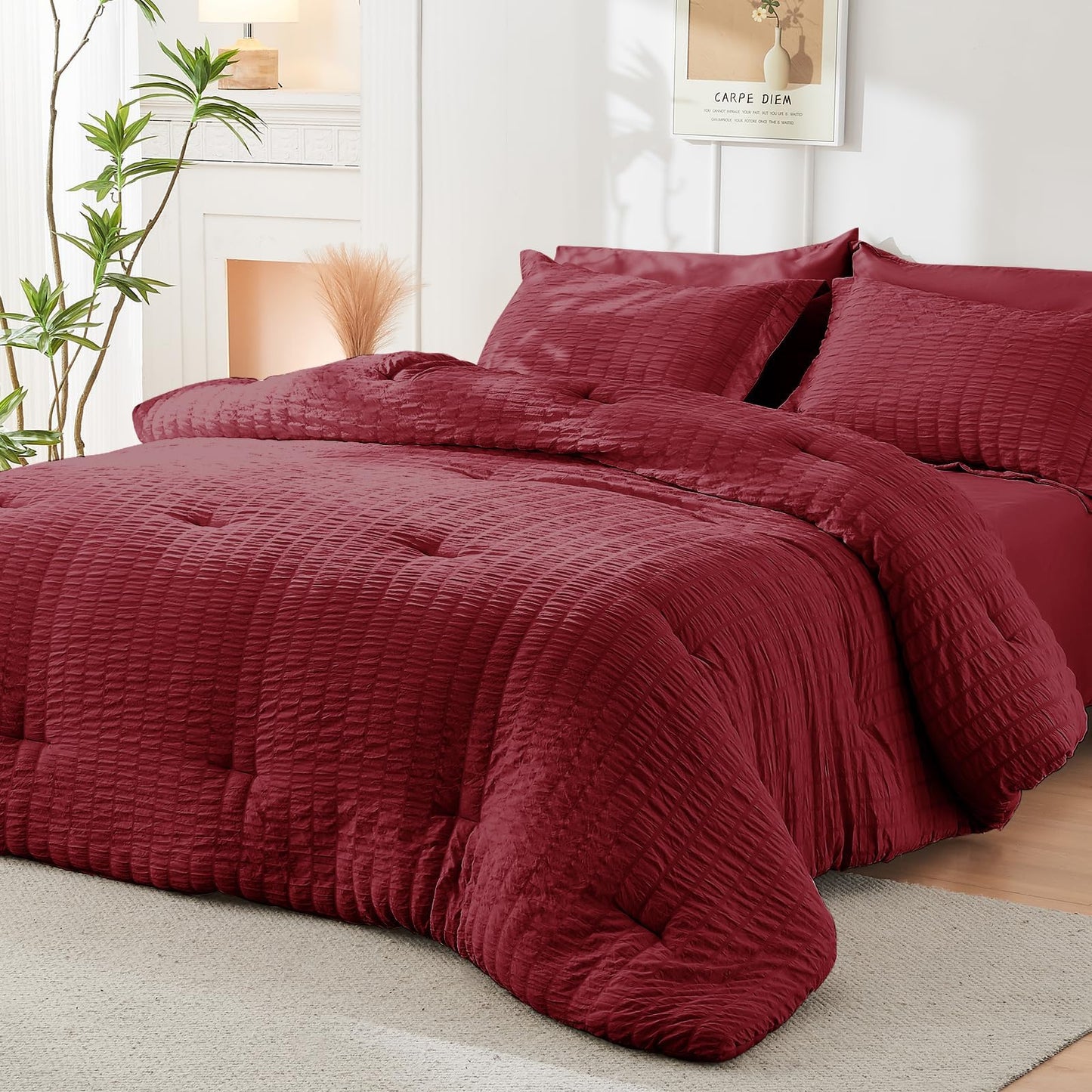 HYMOKEGE Burgundy Full Size Comforter Sets Seersucker 7 Pieces, All Season Luxury Bed in a Bag for Bedroom, Bedding Set with Comforters, Sheets, Pillowcases & Shams