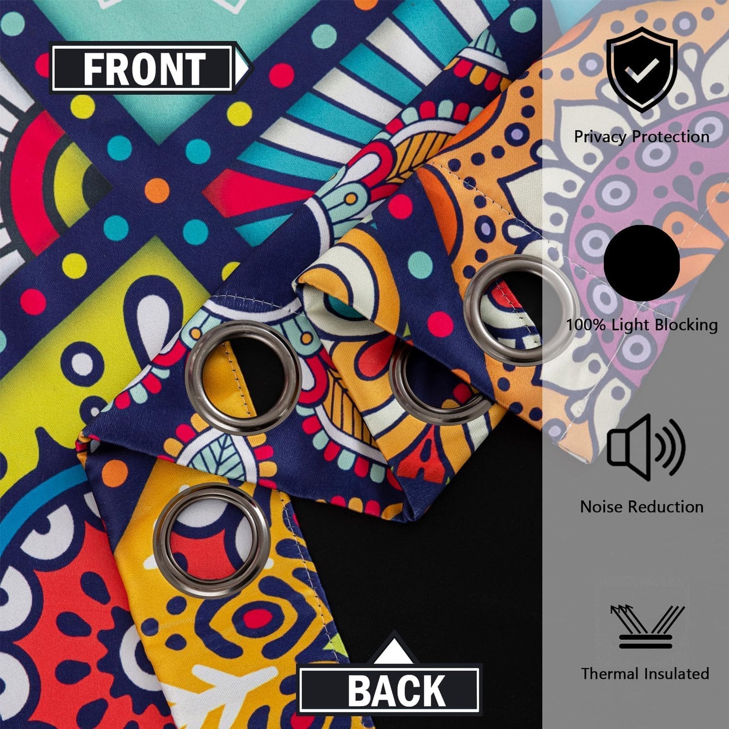 Tyrot Bohemian 100% Blackout Curtains for Bedroom 84 inch Length 2 Panels Set Boho Colorful Mandala Thermal Insulated Room Darkening Window Drapes Patterned Black Out Curtains for Living Room, 52Wx84L