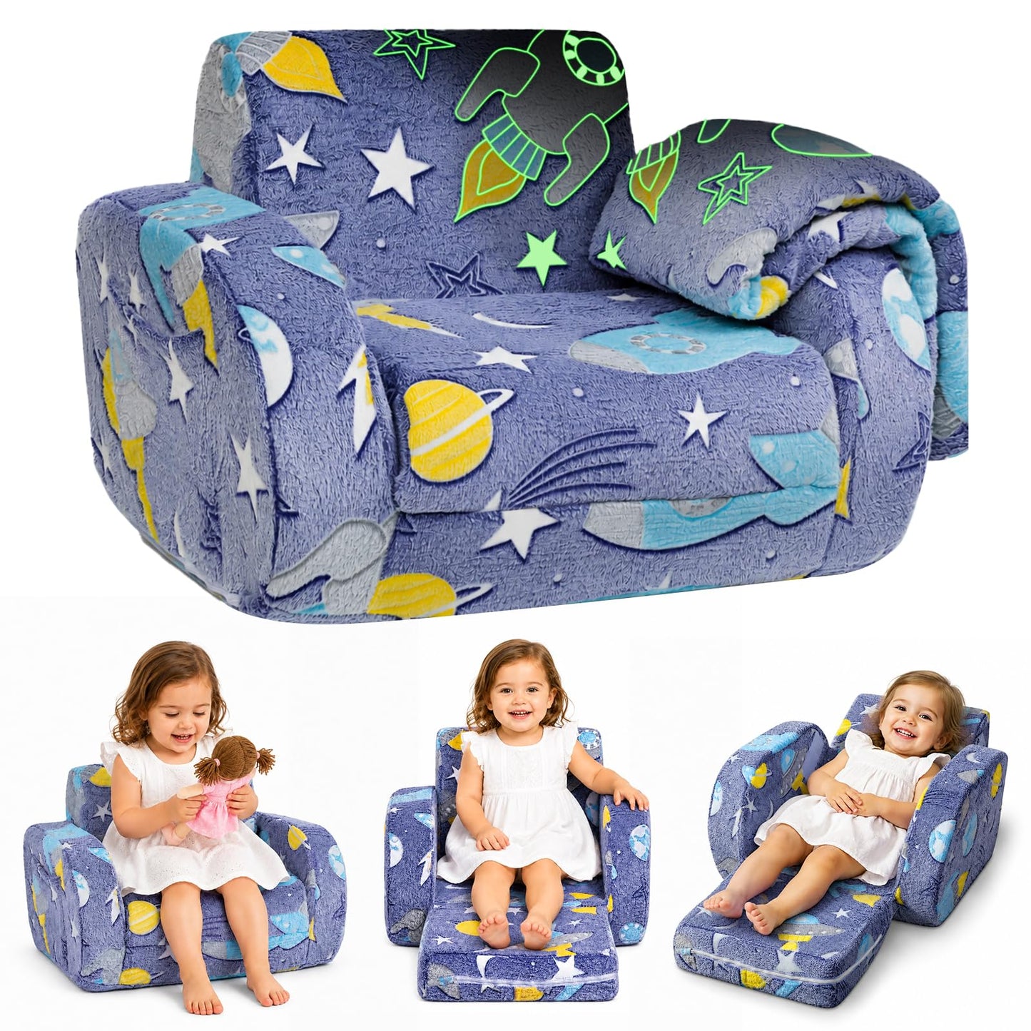 LZNIOZ 3-in-1 Kids Couch, Toddler Chair Comfy 1-3 Years Old, Kids Fold Out Couch with Blanket, Convertible Sofa to Lounger for Girls and Boys Reading, Playing, Napping - Blue