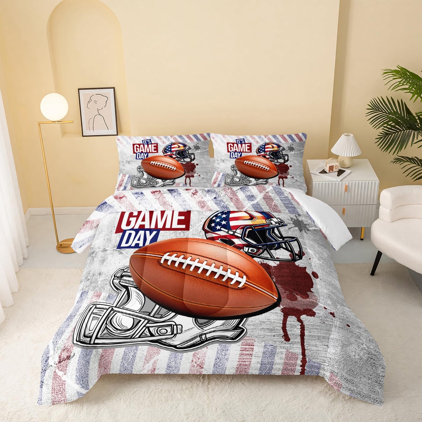 QOOMO Baseball Kids Bedding Set,Cartoon Helmet Print Comforter Set Queen Size for Baseball Fan Room Decorat,Soft Lightweight Bed Set All Season,1 Comforter Set 2 Pillowcases