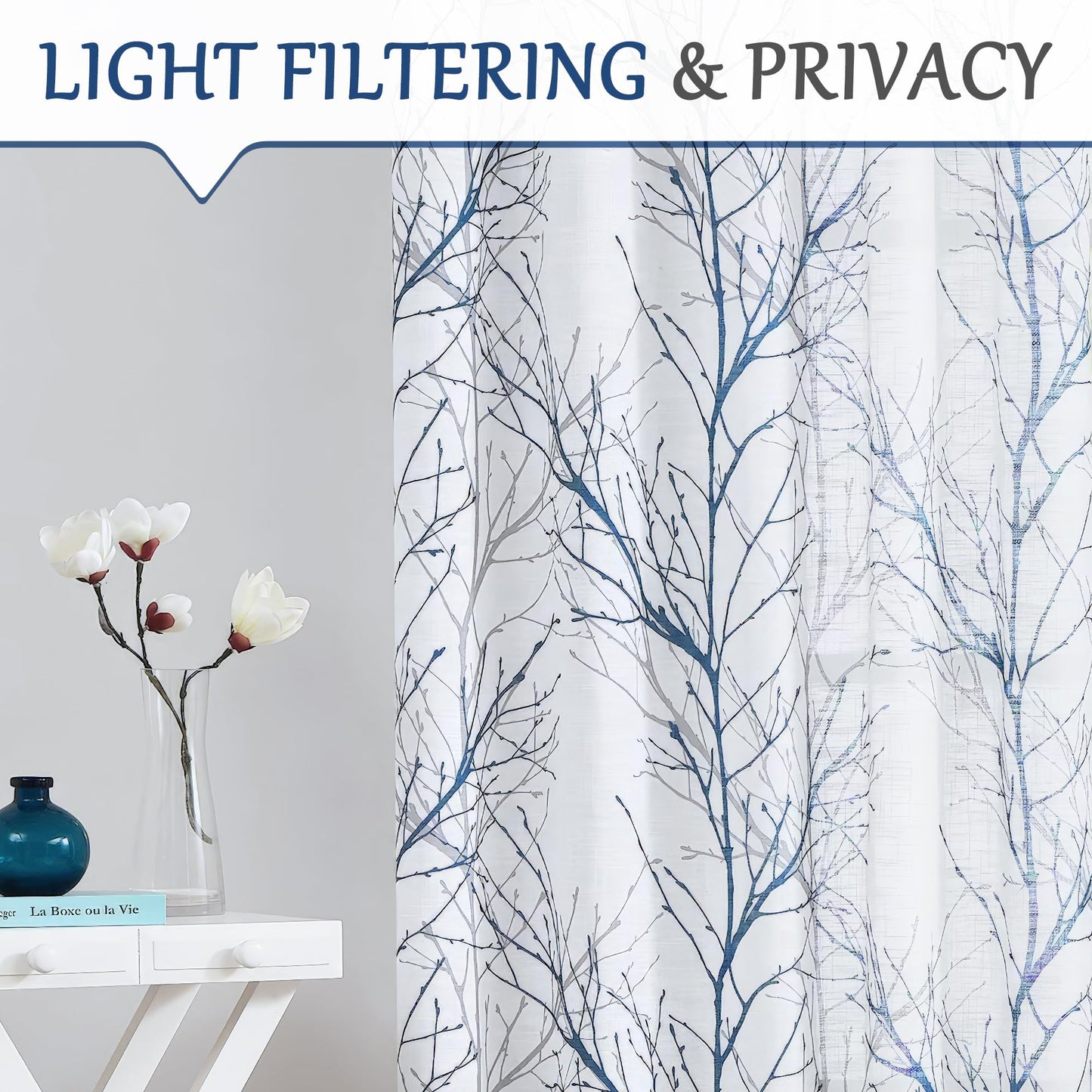 FMFUNCTEX Linen Semi Sheer Curtains for Bedroom, Blue White Curtains 84 Inches Long for Living Room, Grey Tree Branch Patterned Curtain Light Filtering Farmhouse Window Drapes, Grommet Top 2 Panels