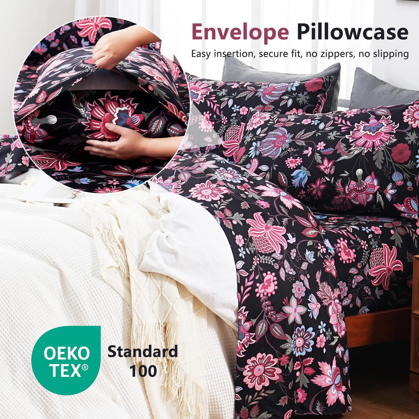 Bedlifes King Sheet Set Ultra Soft, Breathable, Silky Flower Deep Pocket 100% Microfiber Bedding, 4 Piece King Size with Floral,Black Red Flowers