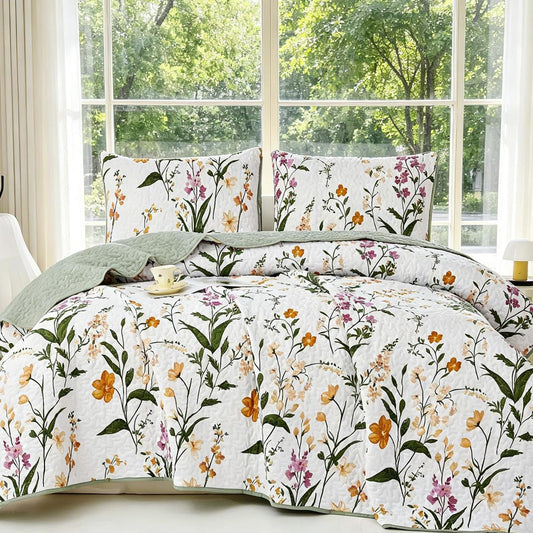 SANOCAY Boho Floral Quilt Set Queen Size 3 Piece Lightweight Summer Bedding Set with 2 Pillow Shams Soft Reversible Microfiber Bedspread Farmhouse Coverlet for All Season (Minimalist Floral, Queen)