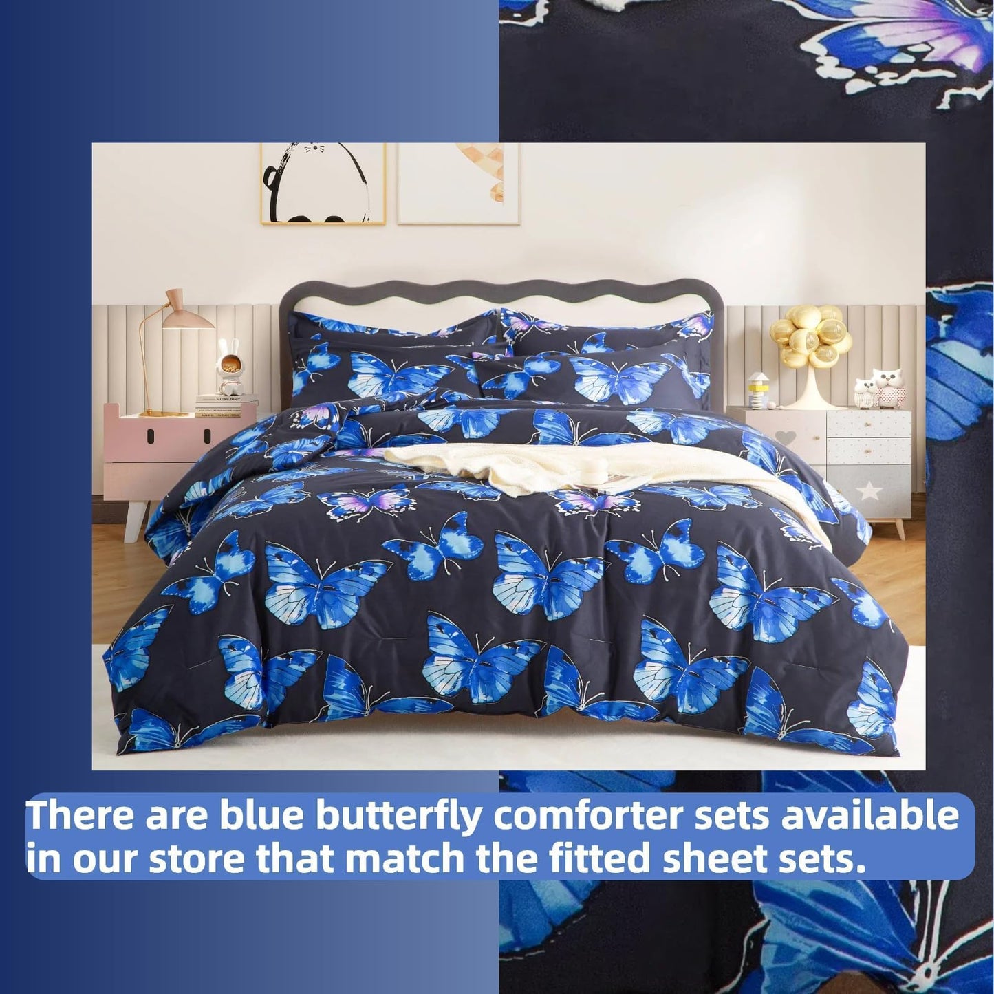 SDIII Blue Butterfly Twin Fitted Sheet with 2 Pillowcases, Deep Pocket Soft Microfiber Butterfly Sheet Twin Size for Girls Boys Kids and Teens