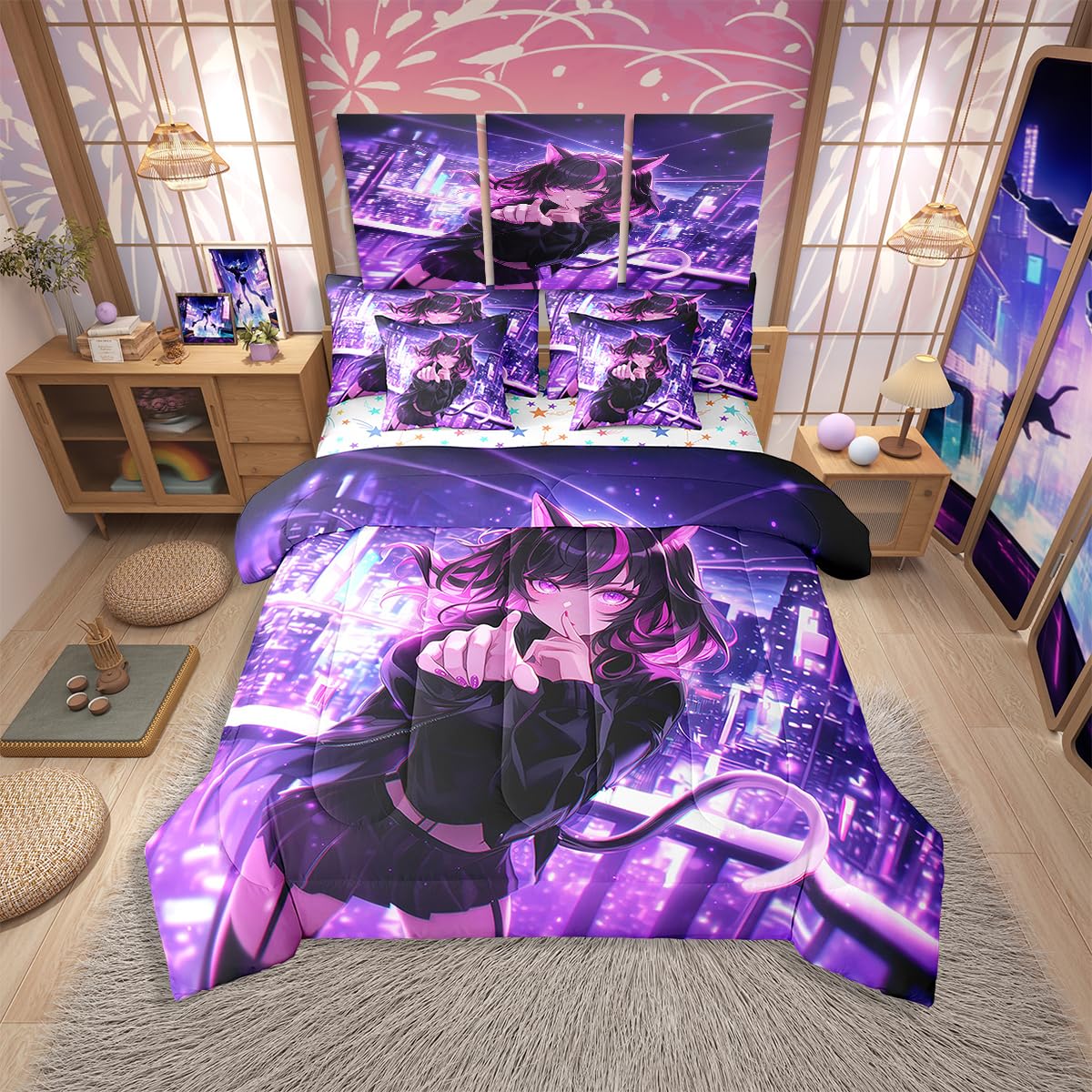 Erosebridal Kids Anime Girl Twin Comforter Set 7 Piece, Japanese Anime Bed in A Bag, Cartoon Girl Bedding Comforter Sets for Boys Teens Bedroom Decor, Kawaii Japanese Animation Bed Set