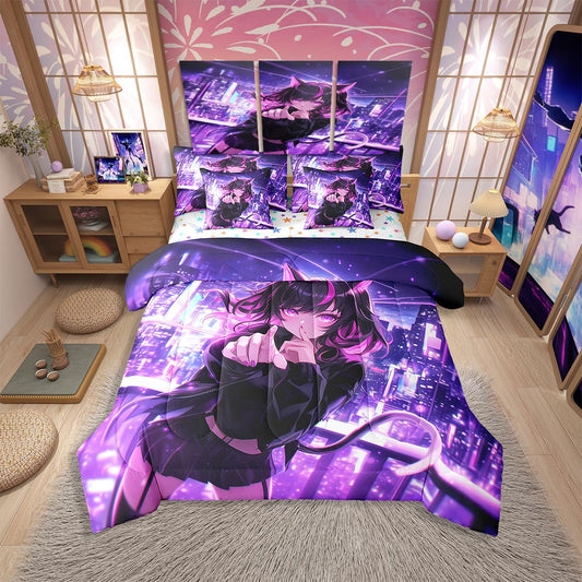 Erosebridal Kids Anime Girl Twin Comforter Set 7 Piece, Japanese Anime Bed in A Bag, Cartoon Girl Bedding Comforter Sets for Boys Teens Bedroom Decor, Kawaii Japanese Animation Bed Set