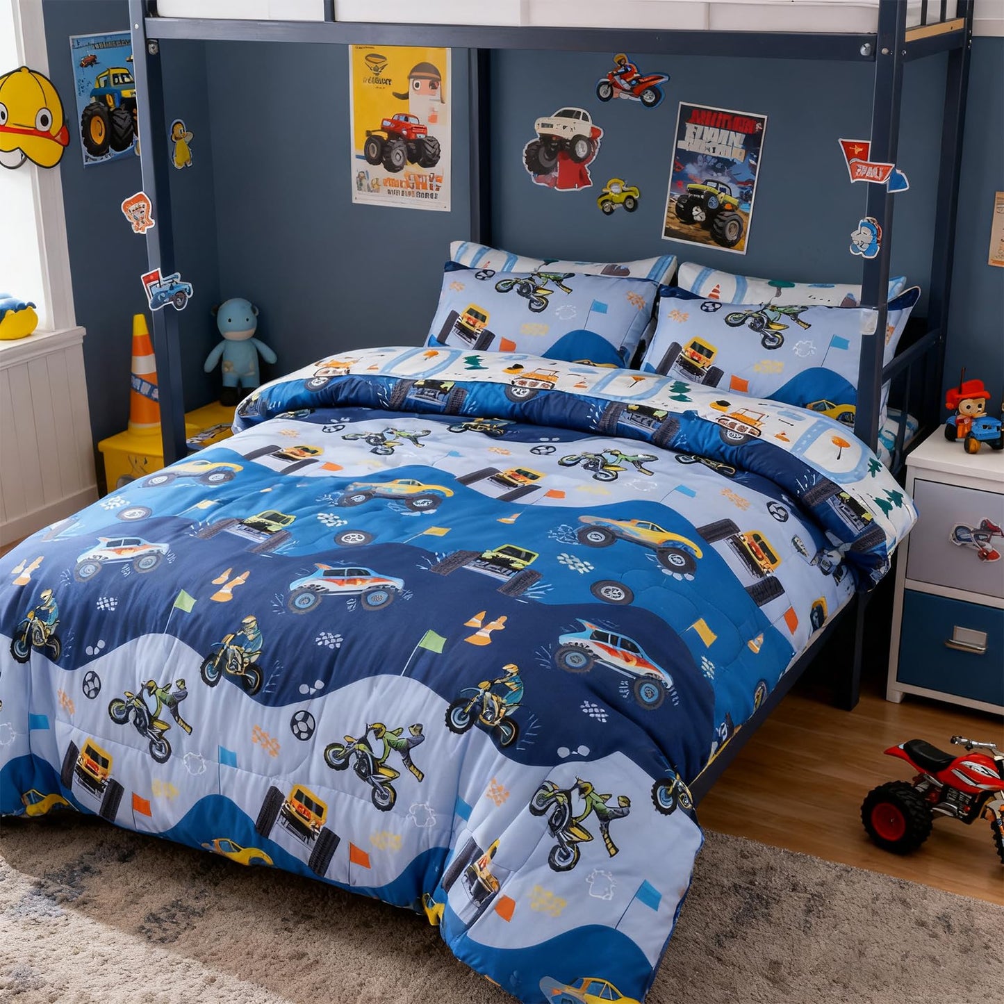 Holawakaka Trucks Tractors Cars Boys 5-Piece Bedding Comforter Sheet Set,Twin Size Cartoon Construction Car Excavator Print Kids Bed in A Bag, Excavator Mixer Truck Printed Bed Sets(Light Blue Twin)