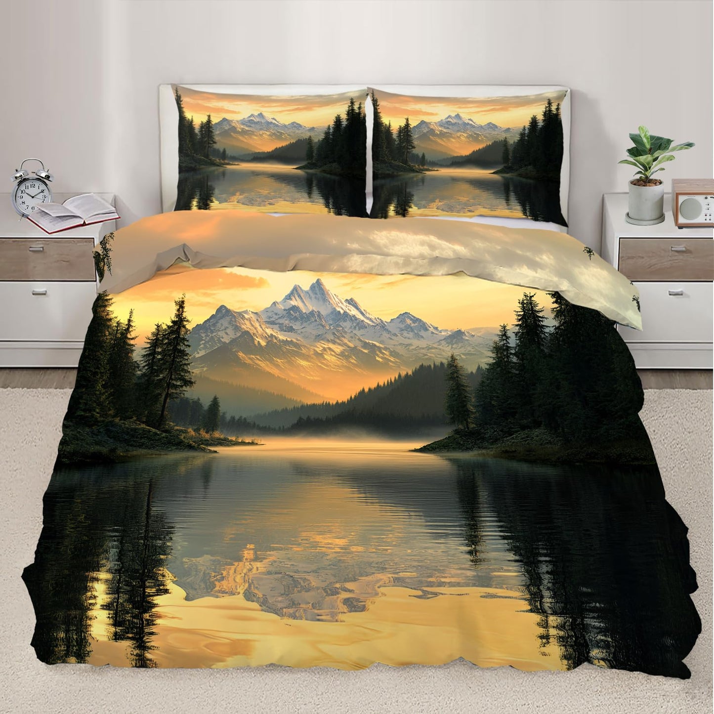 PAISUOQ Landscape Bedding Duvet Covers, Lakes and Mountains Comforter King Size, Sunset Landscape Bedding Sets with Zipper & Ties, 3 Pieces with 2 Pillowcases, Home Decor & Gifts
