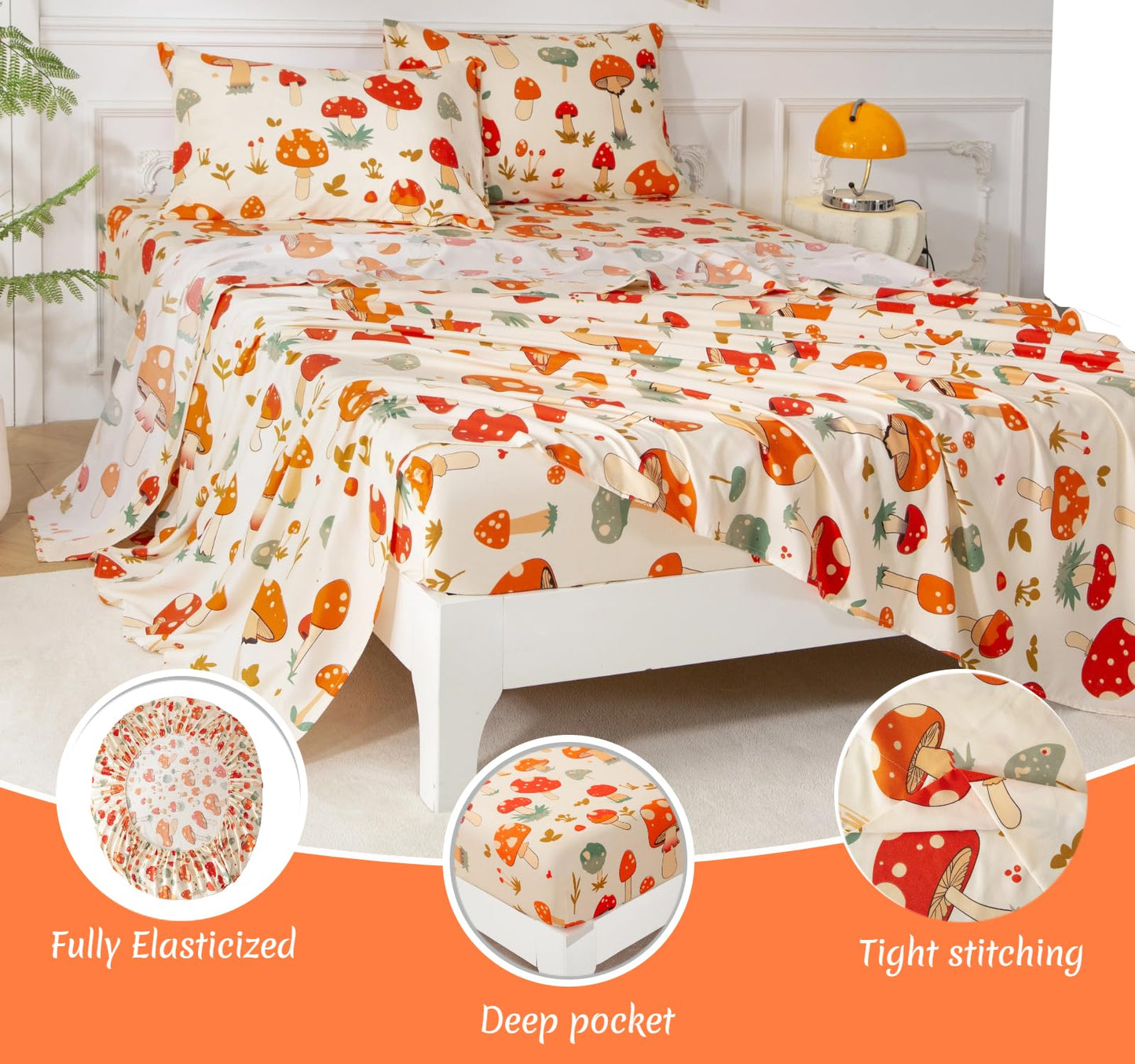 SDY 7PCS Mushroom Bedding Twin，Mushroom Comforter Twin and Bed Sheets for Boys Girls and Kids witj 1Comforter 1Fitted Sheet 1Flat Sheet 2Pillow Cover 2Pillow Sham