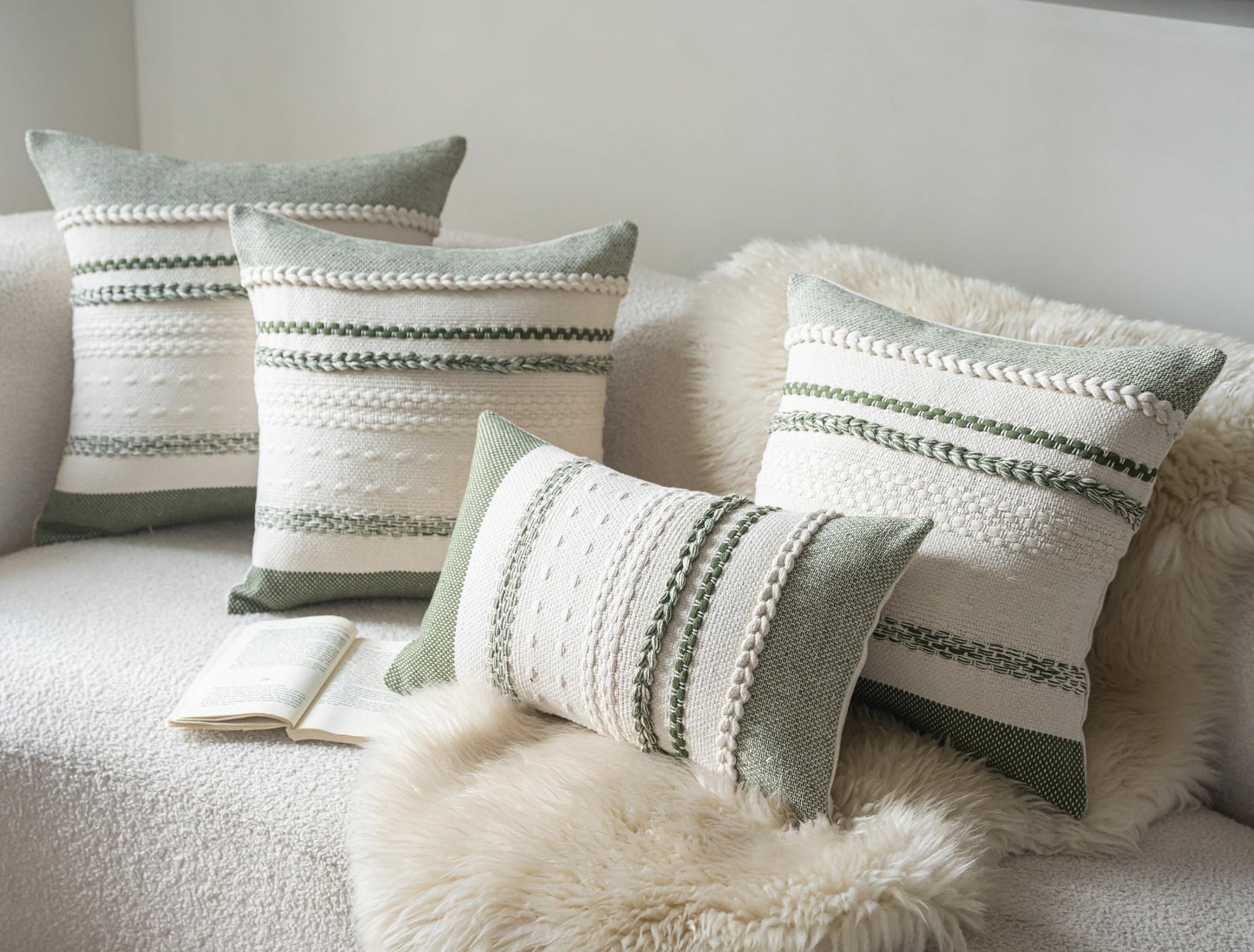 Cethom Boho Lumbar Pillow Covers 14x36 Inch Long, Green Textured Decorative Couch Pillow Cases for Farmhouse Home Decor, Accent Cushion Cover for Sofa, Bed, Living Room, Bedroom, Pack of 1