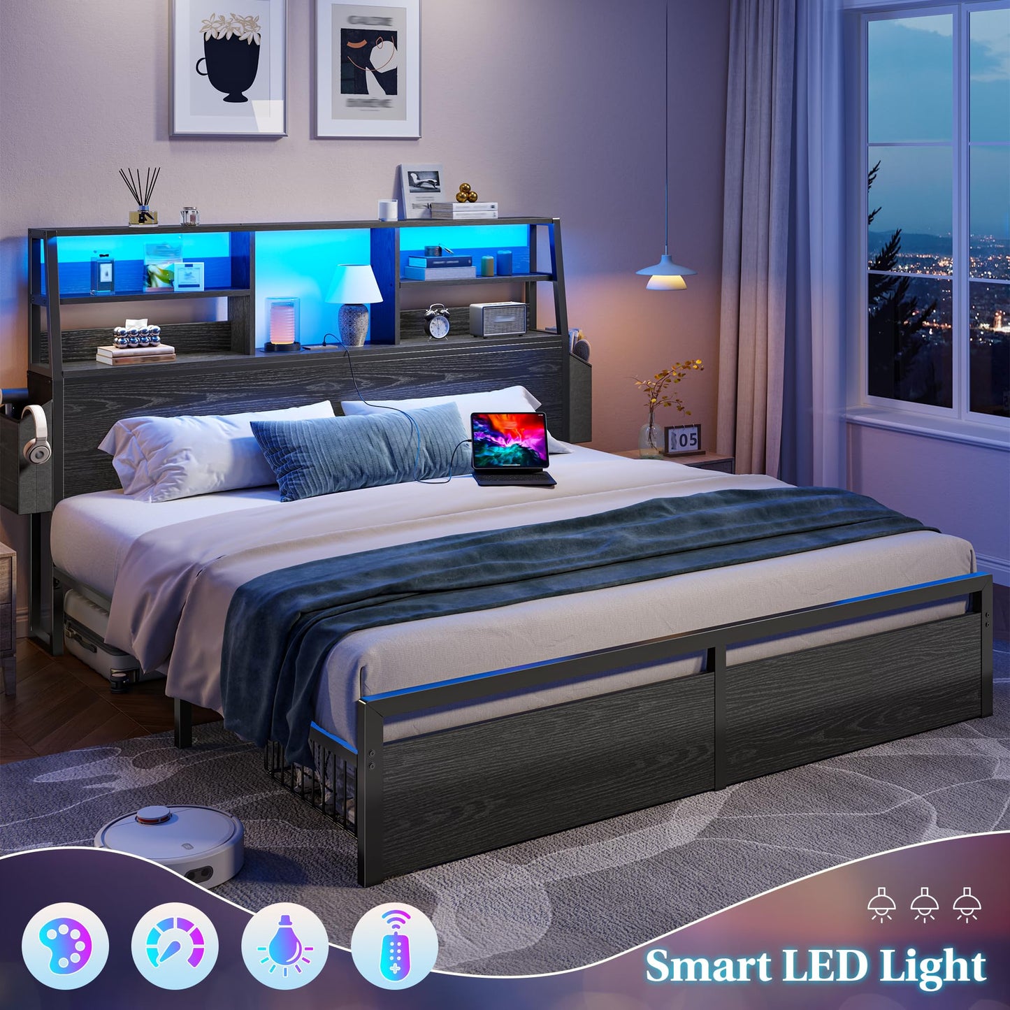 Homkdom Full Size Bed Frame with Storage, Full Bed Frame with LED Light and Charging Station,Bed Frame Full with Headboard for Apartment,Guest Room,Black