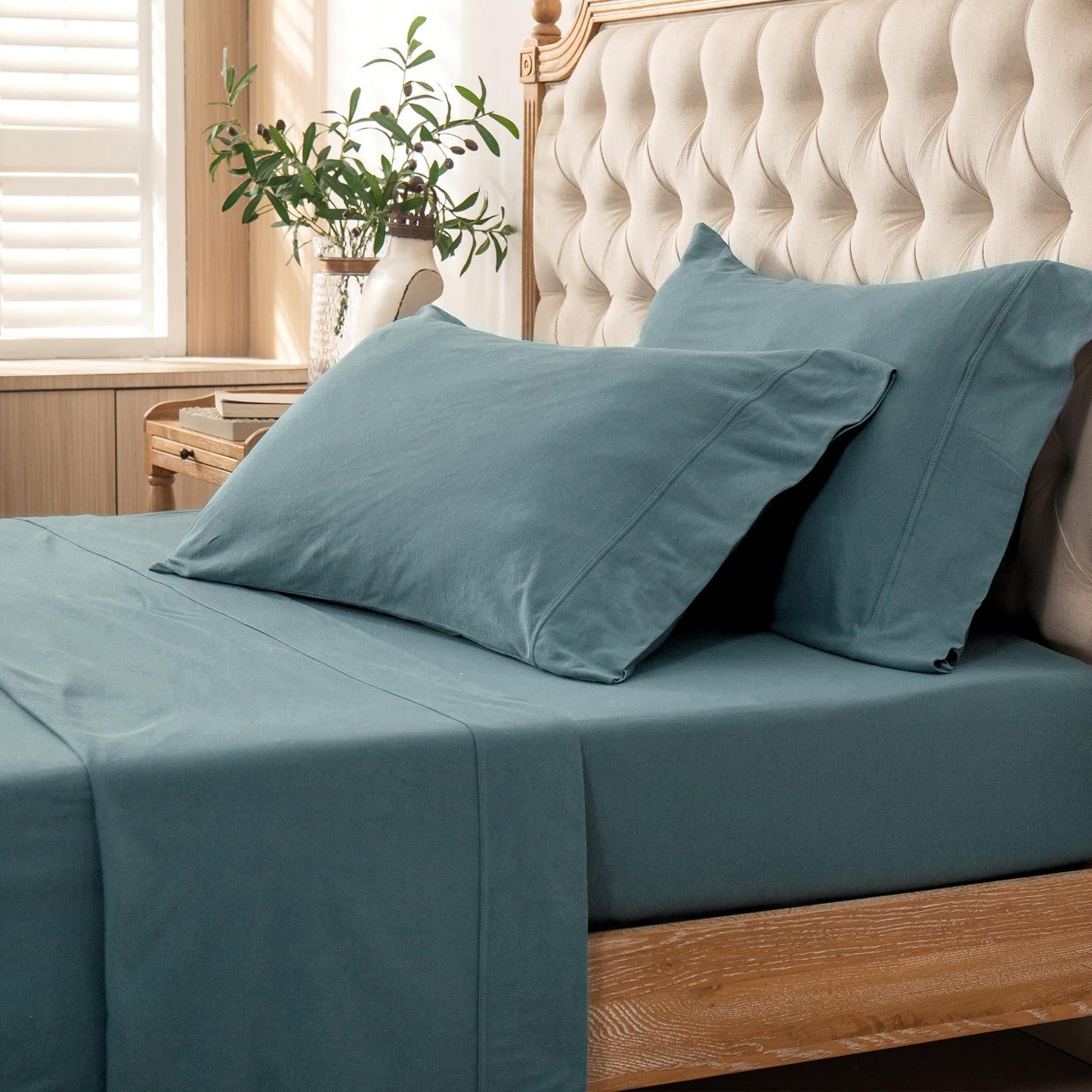 PURE ERA Jersey Knit 4pc Bed Sheet Set 100% T-Shirt Cotton Super Soft Comfy Breathable Fits Mattress Up to 20" Extra Deep Pocket (Solid Cerulean Blue, Queen)
