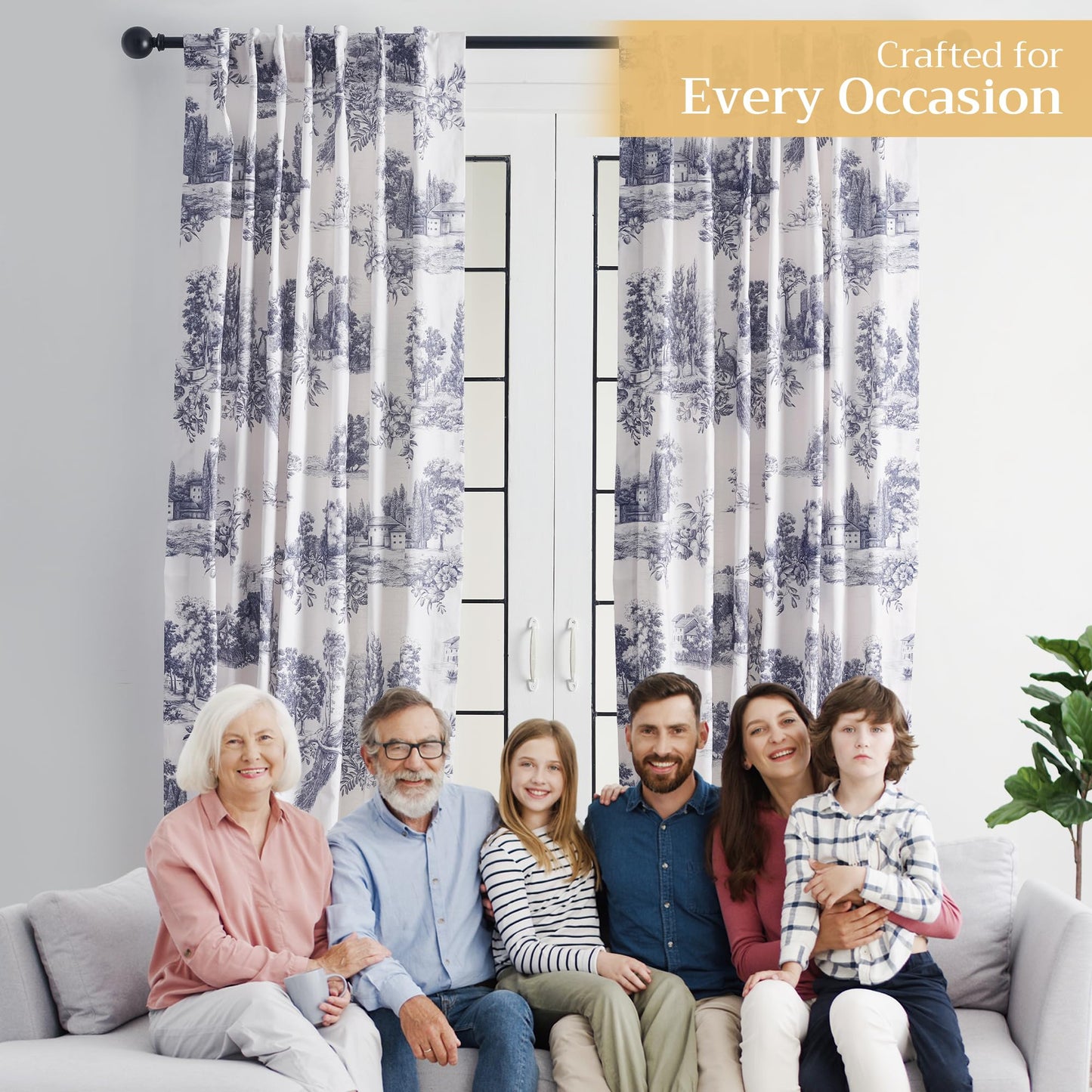 Maison d' Hermine Curtains for Living Room 100% Cotton 96 inch Length One Panel Light Filtering Toile Curtains for Bedroom Windows with Rod and Loop Pockets Drapes (Trianon Blue, 50" W x 96" L)