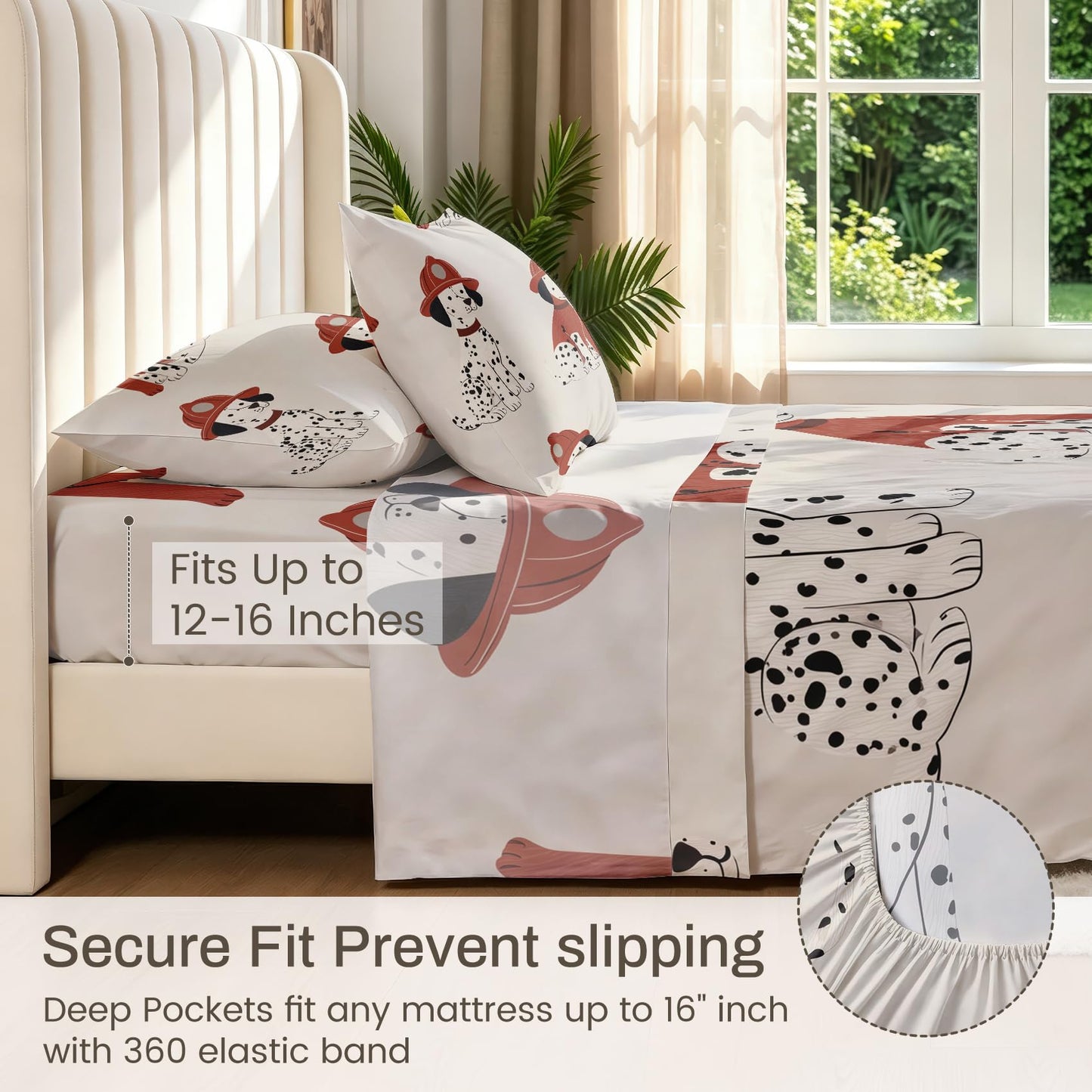 Firefighter Dog Twin Bedding Set Dalmatian Sheet Sets, Red Beige