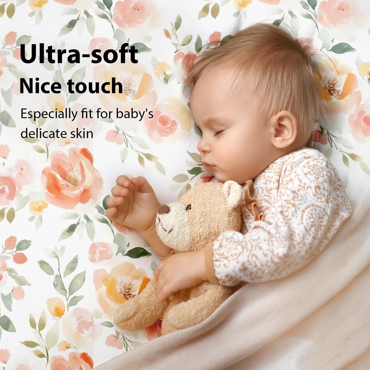 FIEMOL Baby Crib Sheets Girl, 3 Pack Toddler Bed Sheets for 52”x28” Standard Toddler Mattresses, Soft Microfiber Fitted Crib Sheets Neutral Orange Watercolor Flower