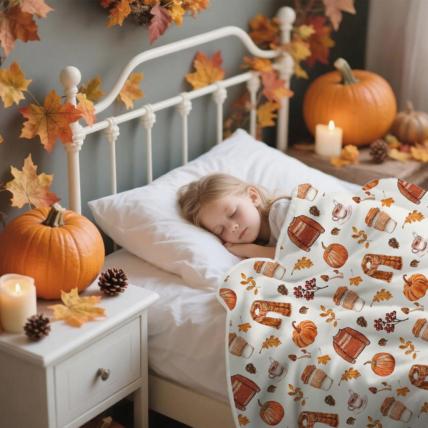Fall Fleece Throw Blanket, Autumn Pumpkin Spice and Everything Nice with Books Wraps Coffees Lattes Pumpkins Pies Oversized, Soft Blanket for Couch,Cozy,Warm,Lightweight,50"X60"