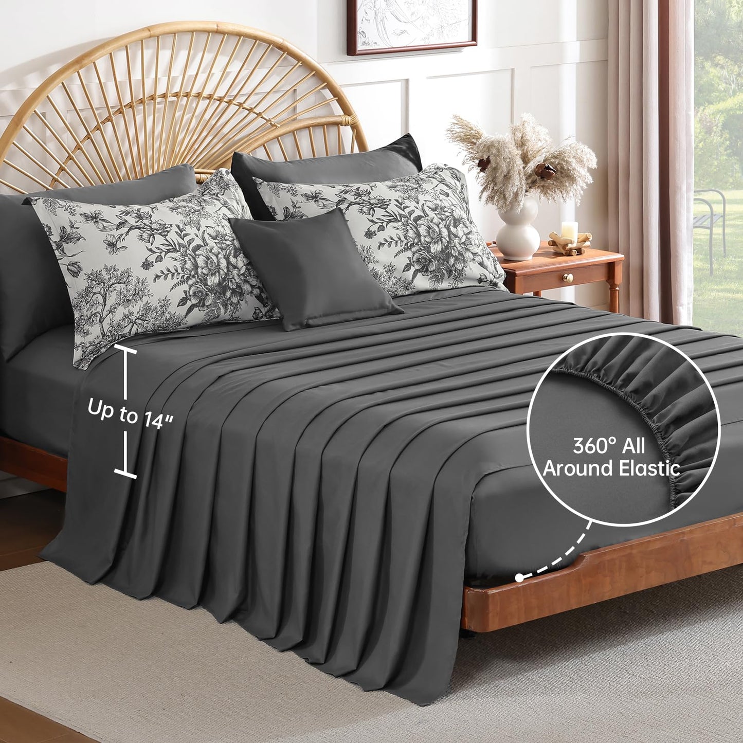 Dinjoy Queen Comforter Set - 8 Pieces Floral Comforter Set Black and White, Bed in a Bag Queen with Botanical Print, Winter Soft Comforter Bedding Set with Sheets (Comforter 90"x90")