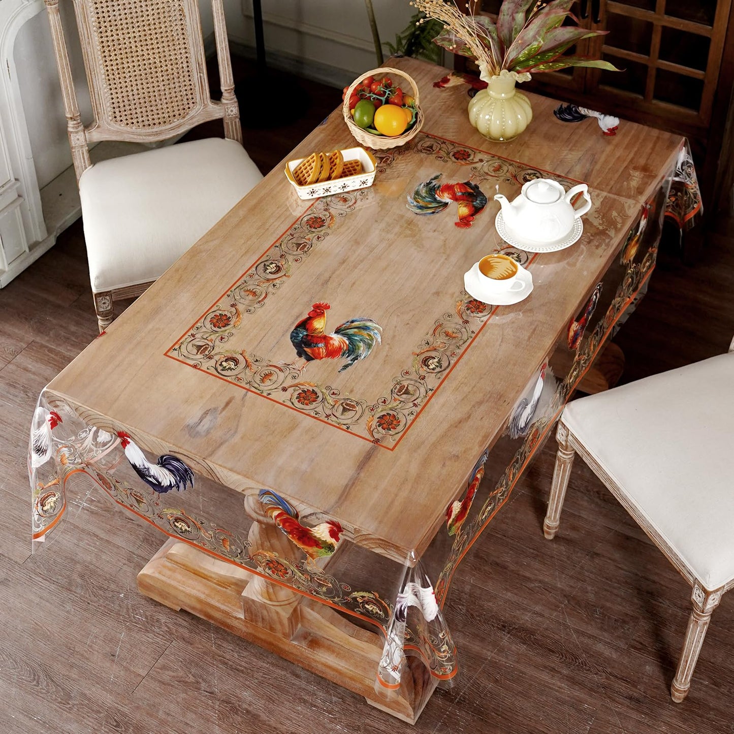 Artbloss Clear Table Cover Protector Vinyl Table Cloth Oil Spill Proof Vintage Rustic Plastic Table Covers for Dining Tables (Roosters, 60 x 84 Inches)