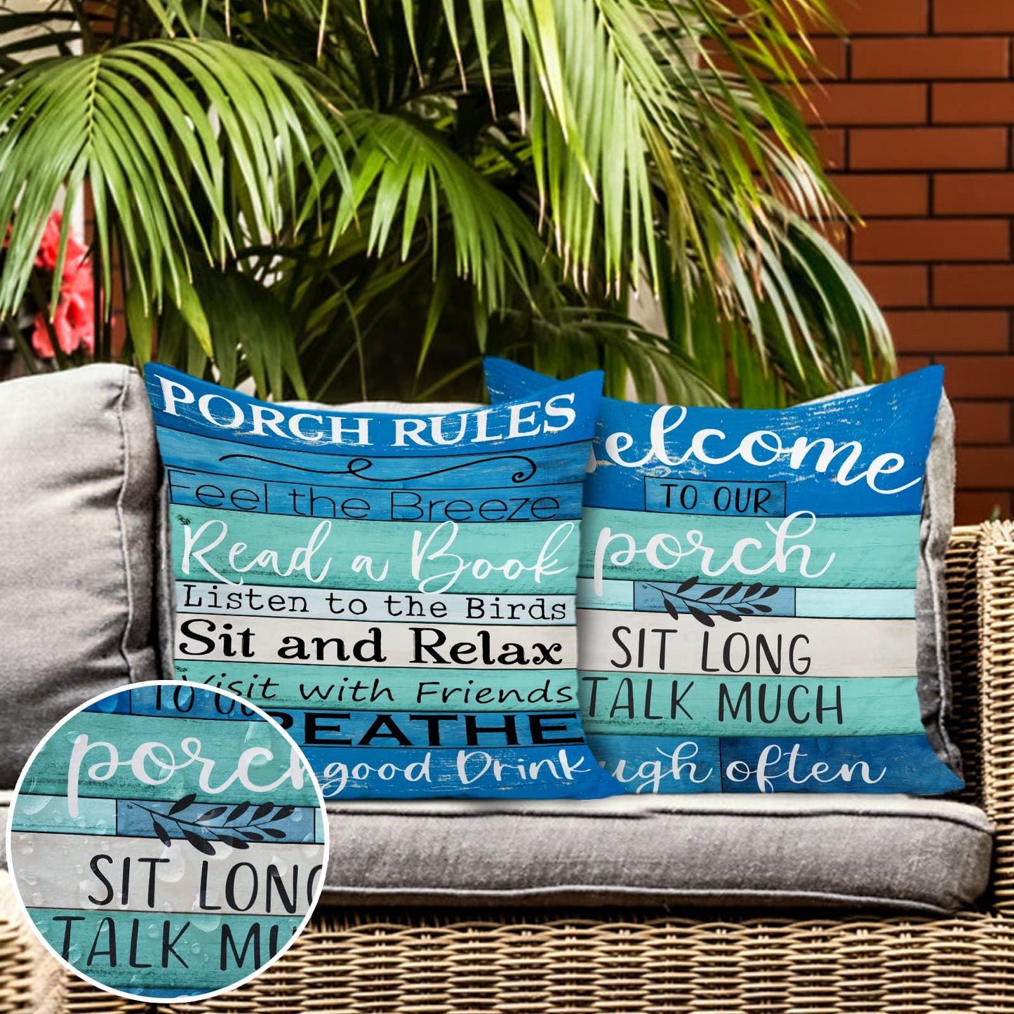 Jartinle Waterproof Outdoor Pillow Covers 18x18 - Turquoise Blue Beige Woodgrain Coastal Farmhouse Welcome to Porch Decorative Cushion Covers for Patio Furniture, Set of 2