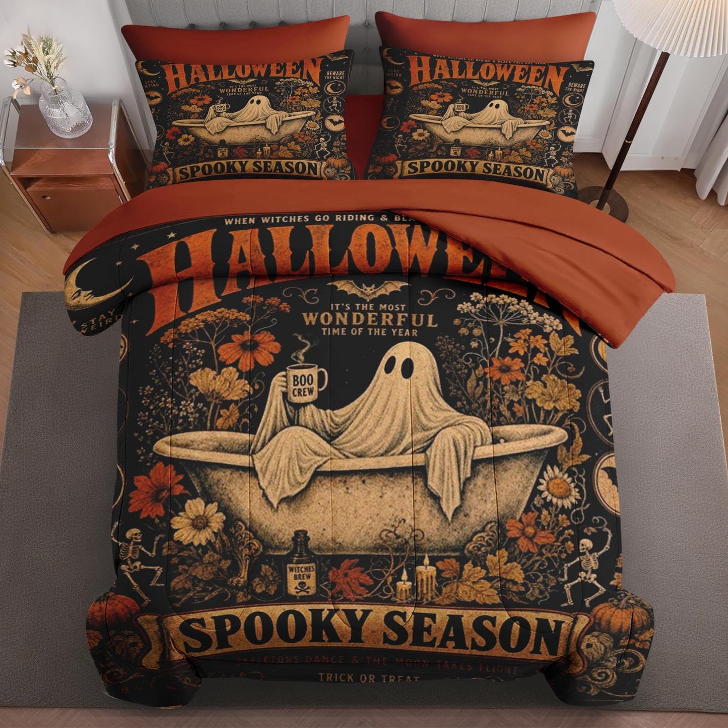 Boewywh Comforter Set Twin Size Halloween Ghost Spooky 7 Pcs, Bedding for Kids and Adults, Bed Sheet Sets with Fitted Sheet 2 Pillowcases & 2 Shams for Bedroom Bed Decor