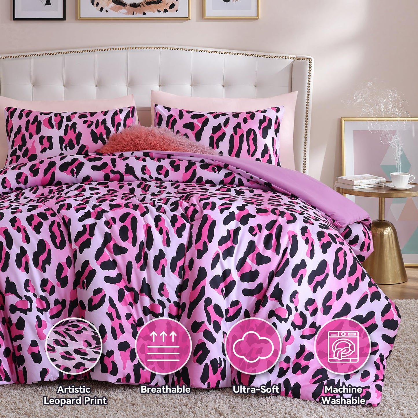 JANZAA Leopard Print Comforter Set King Size - 3 Pieces Animal Cheetah Printed Comforter Set, Cozy Soft Fluffy Pink/Floral Print Bedding Set with 2 Pillowcases for All Season