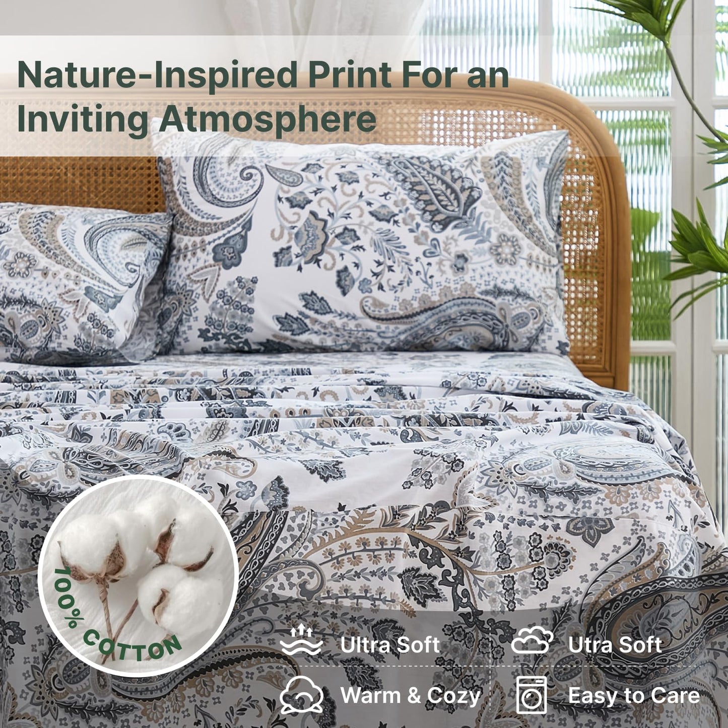 Cozaline 100% Cotton Sheet Set Queen Size – 4-Piece Luxury Grey Paisley Bedding Set, Extra Soft Breathable Percale Weave, Deep Pocket Fitted Sheet 17.5", Crisp Cool Feel Bed Sheet