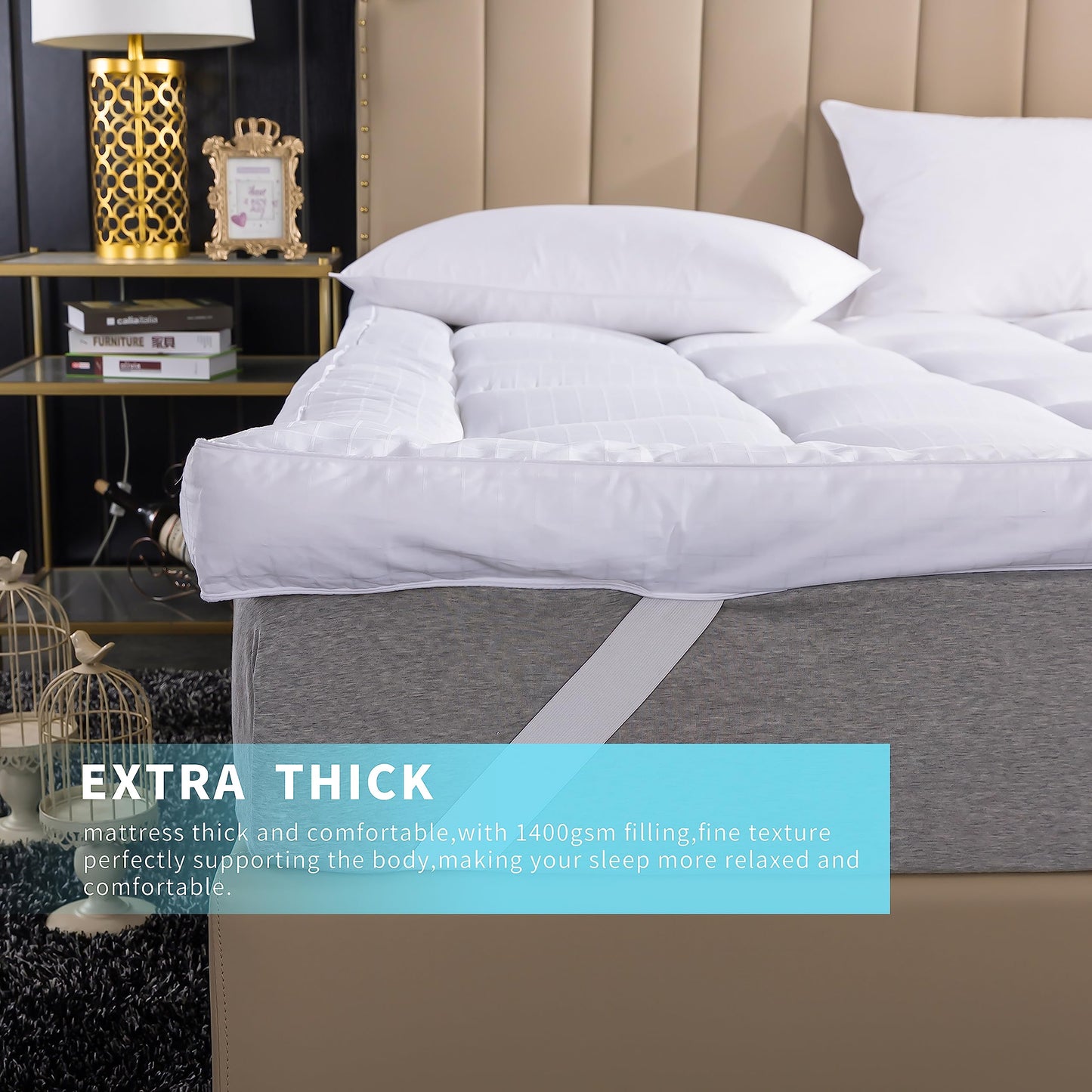 Extra Thick Mattress Topper Full Bed Size.Breathable Cooling Mattress Pad Cover.100% Cotton Pillow Top Quilted Mattress Protect Bed Mattress Topper.1400GSM Soft Down Alternative Fill (54 * 75'')