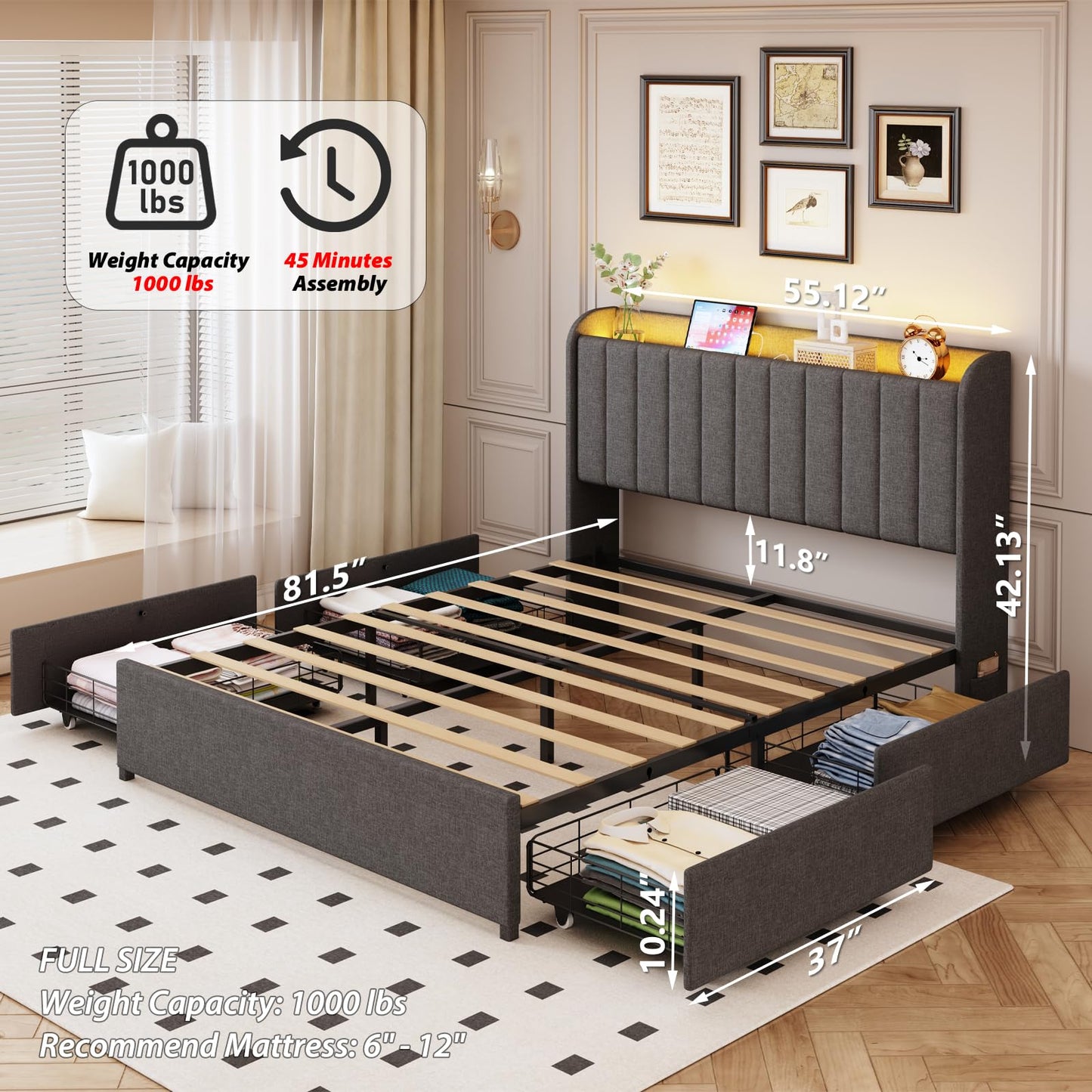 Full Bed Frame with 4 Drawers and Storage Headboard, Upholstered Platform Bed Frame Full Size with Led Lights and Handy Charging Station, No Box Spring Needed, Easy Assembly, Noise Free, Gray