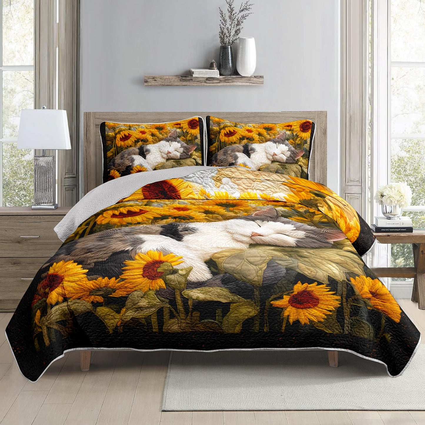 AILONEN Cat Quilt Set Queen Size for Kids Girls - 3-Piece Yellow Sunflower Bedspread Cartoon Cat Coverlet,Lovely Pet Animal Printed Quilt,2 Pillowcases