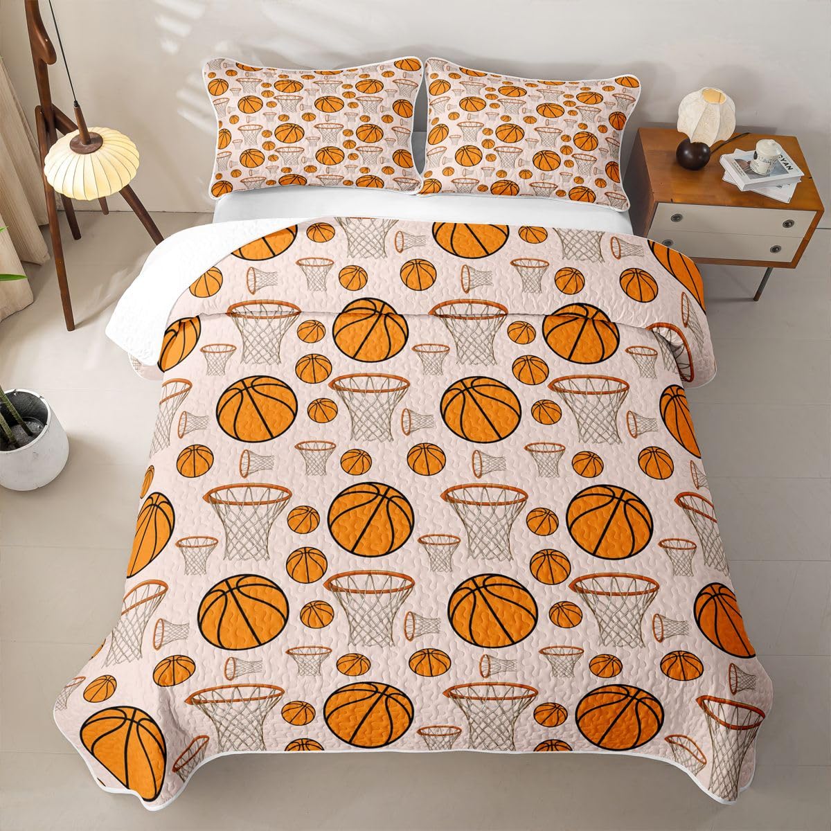 Feelyou Basketball 3 Piece Quilt Set King Gaming Sports Bedding Set Microfiber Lightweight Ball Games Bedspread Coverlet with 2 Pillowcases Gift for Basketball Lover Bed Covers for All Season