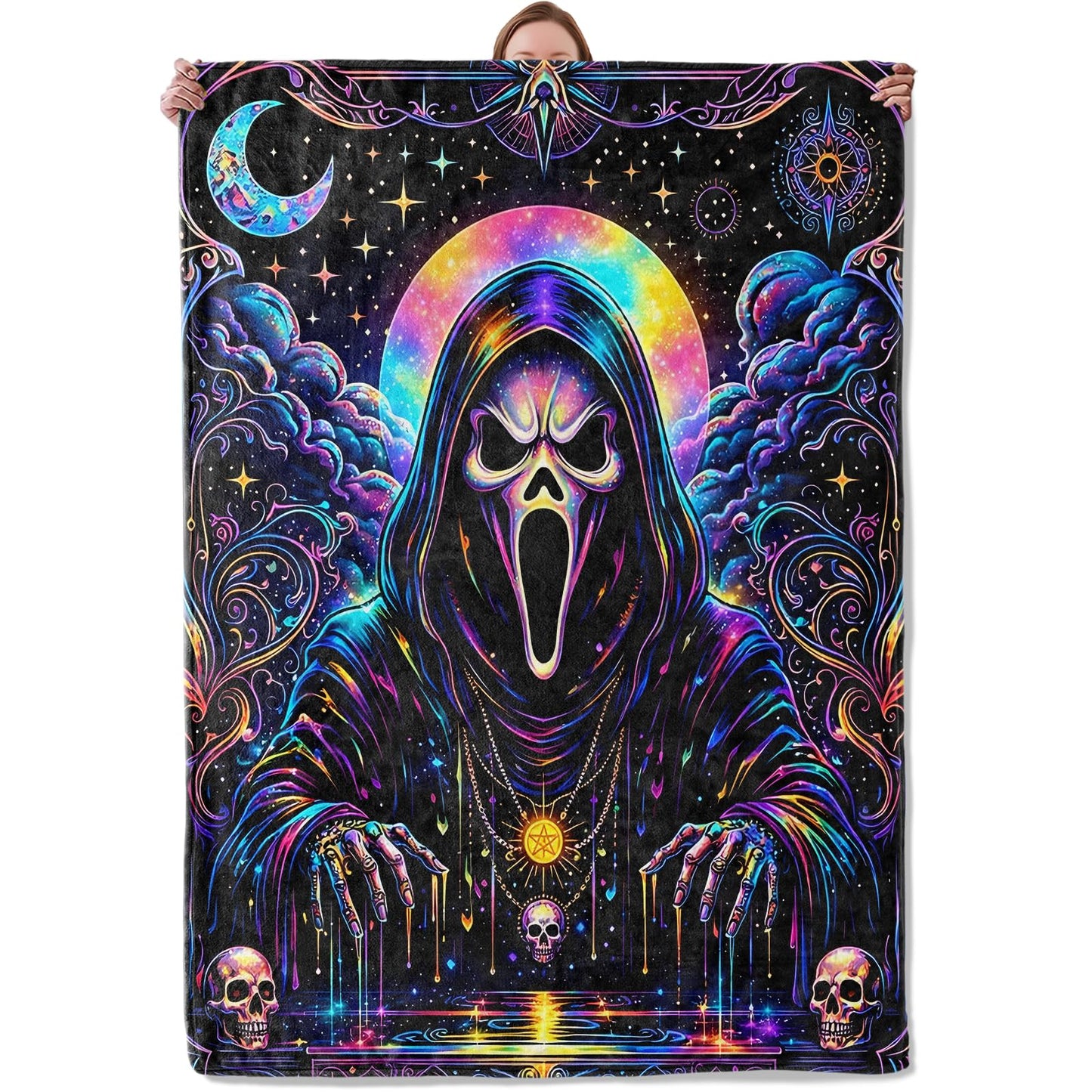Neon Skull Tarot Gothic Throw Blanket Gifts for Kids Women, Soft Warm Horror Flannel Blankets for Living Room Sofa Home Bedroom Decor 50" x 60"