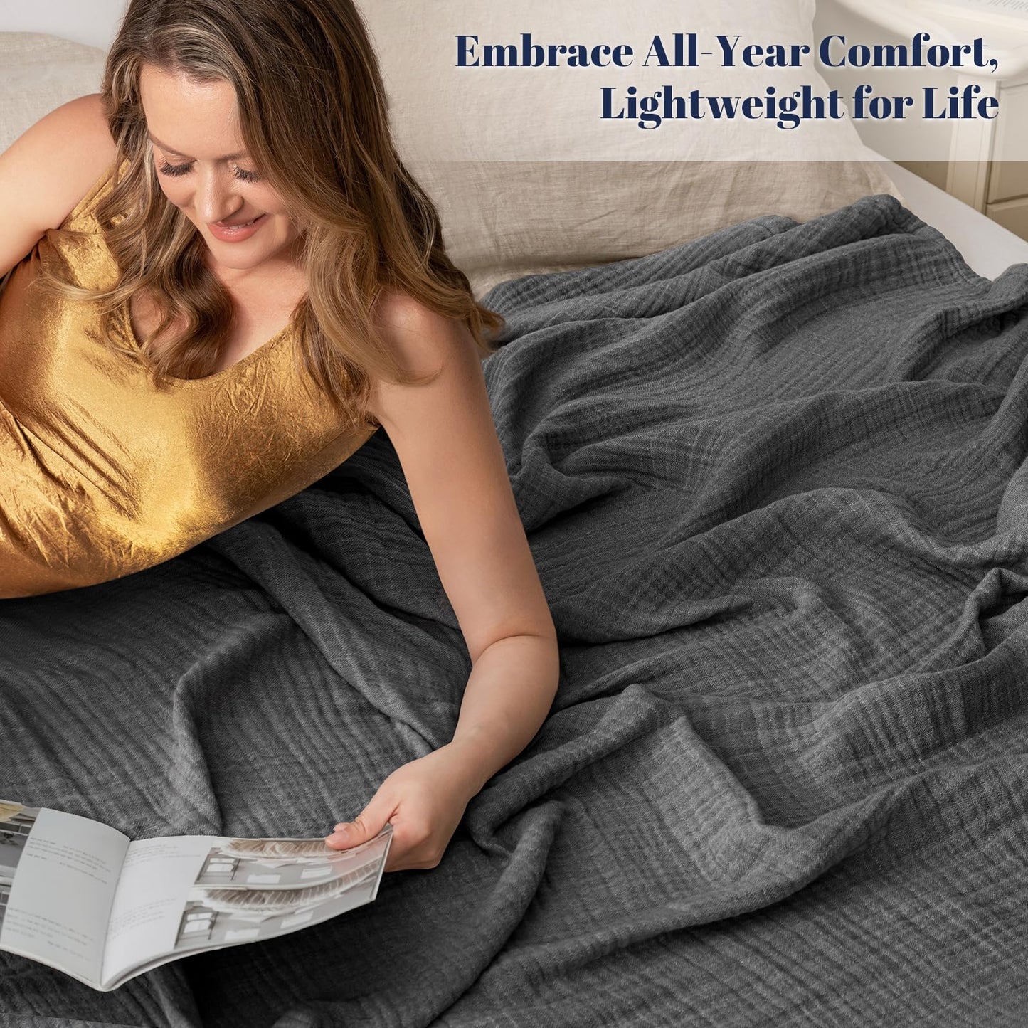 PHF 100% Cotton Muslin Throw Blanket 50" x 60", 4-Layer Lightweight Gauze Throw, Breathable Cloud-Soft Minimalist Blanket for Bed, Couch, Camping & Baby, Greyish Black, Ideal Gift