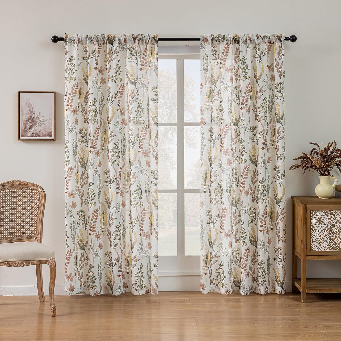 SUOUO Red-Brown Tropical Leaves Semi Sheer Curtains Linen Textured for Living Room Patterned Wildflower 84 inches Long Window Drapes for Dining Bedroom 2 Panels