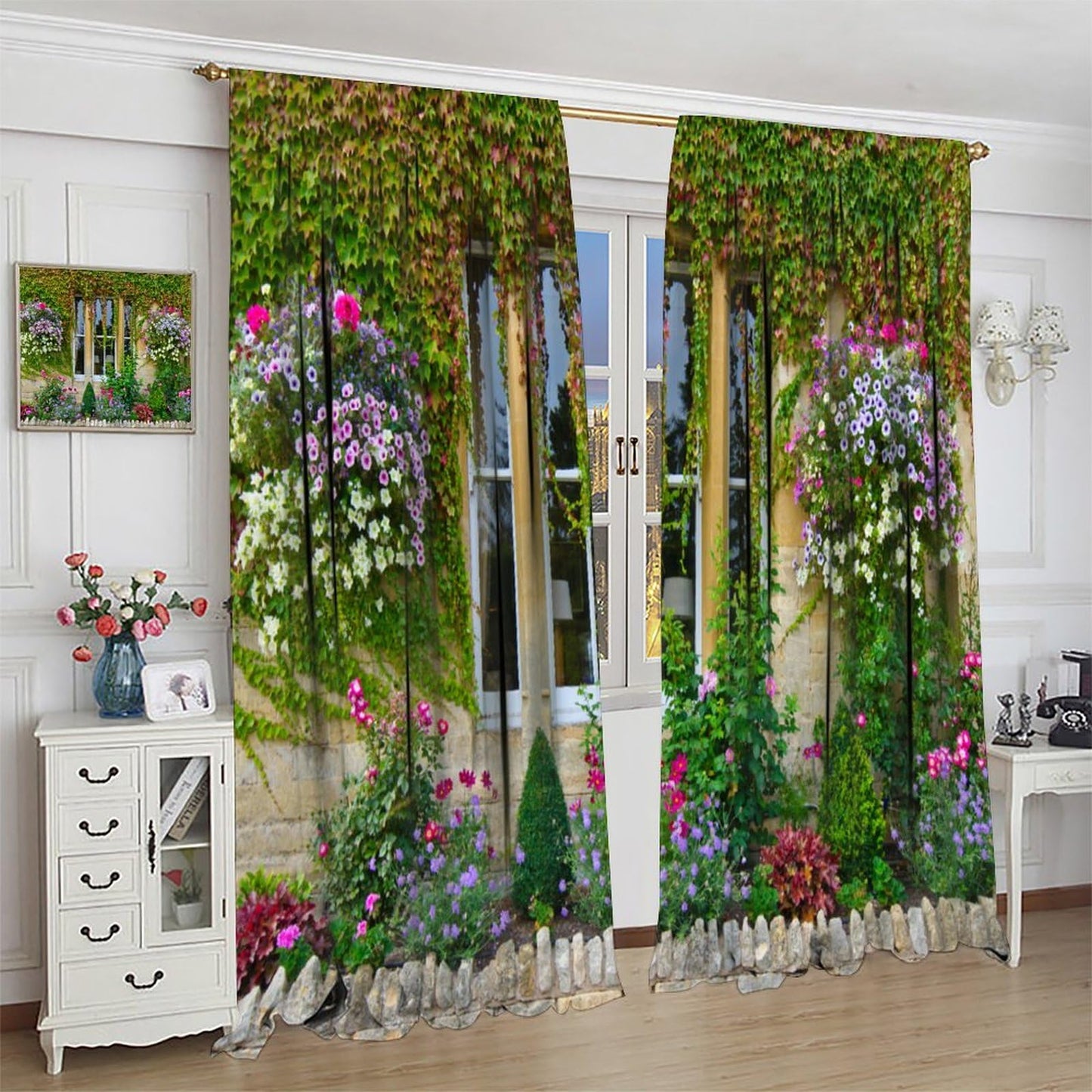 AAVEUP Italian Building Landscapes Curtains,European House Window Garden Nature Landscape Spring Flower Vine Green Leaves Plant Window Treatments for Living Room Bedroom Kitchen 42x45in（No Blackout）