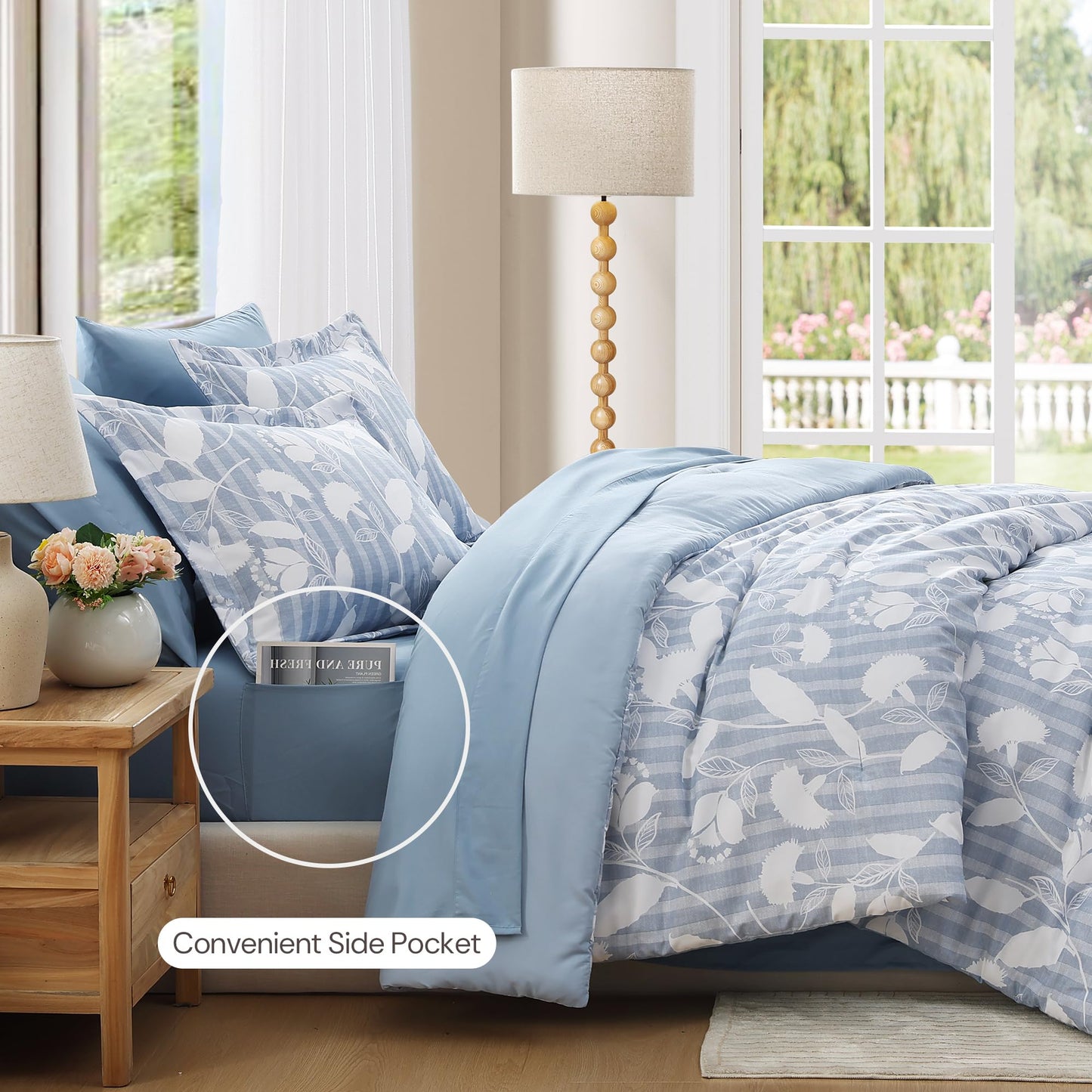 BLOOMHAVEN Queen Comforter Set -7 Pieces Blue Floral Comforter Set for All Seasons, Bed in a Bag Queen with Botanical Flowers Comforter, Sheets, Pillowcases & Shams