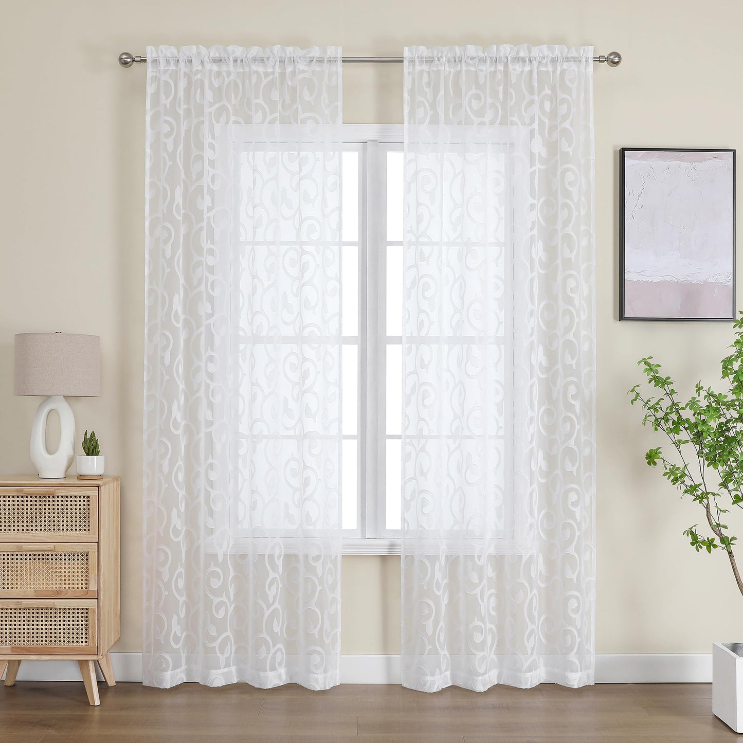 OWENIE Furman Sheer White Curtains 84 inches Long for Bedroom Living Room 2 Panels Set, White Curtains Jacquard Clip Light Filtering Semi Sheer Curtain Rod Pocket Window Drapes, 2 Pcs Each 40 W 84 L