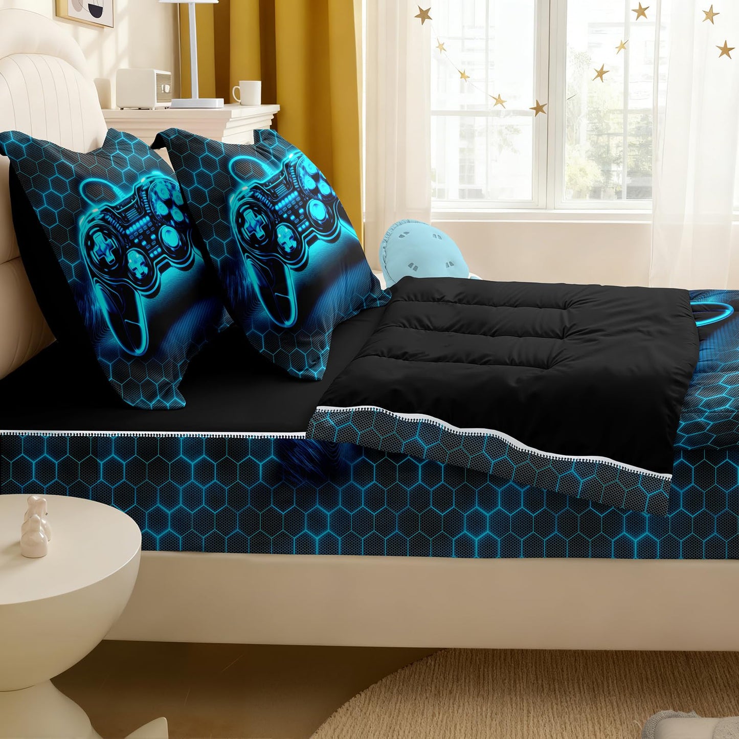 Yadangxiawa Kids Comforter Set,Zipper Bedding Twin for Teen,Gaming Printed Comforter Set with Fitted Sheets and Pillowcases for All Season(Honeycomb Gamepad Twin)