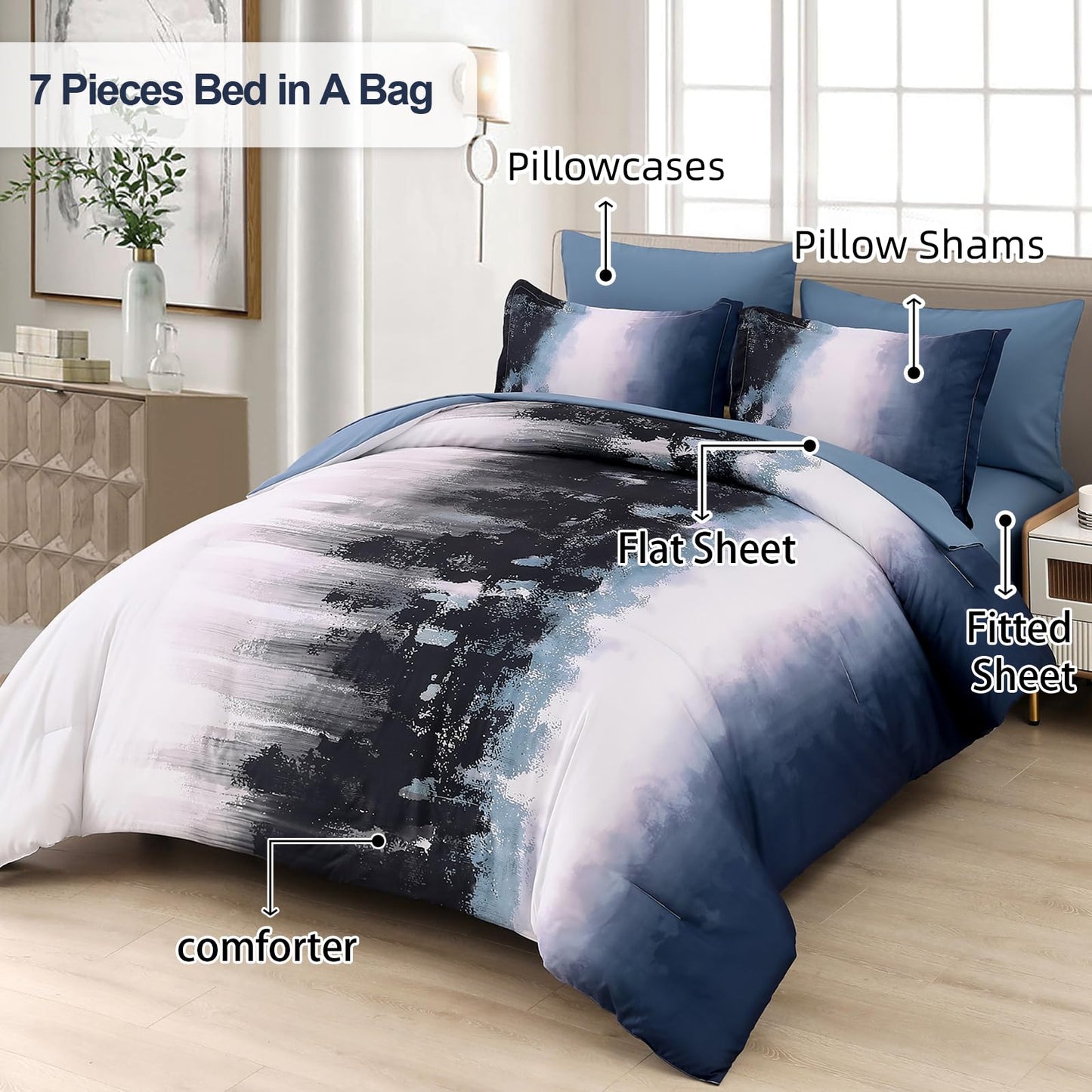Dinjoy Ombre Blue Comforter Set Queen Size Gradient Navy Blue Black Boho Bedding Set for Teen Men Women 7 Pieces Bed in A Bag Bohemian Bed Set with Comforter, Sheets, Pillowcases & Shams