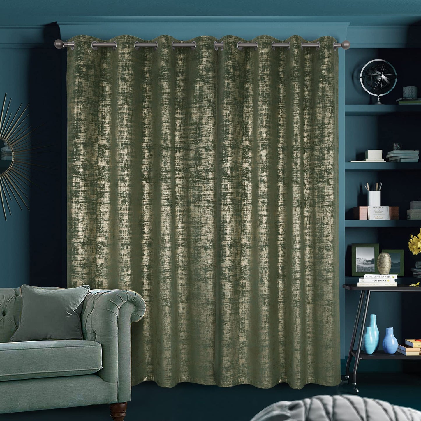 always4u 100% Blackout Soft Velvet Curtains for Bedroom Living Room Thermal Energy Saving 95 Inches Long Luxury Gold Foil Print Drapes 2 Panels Sage Green
