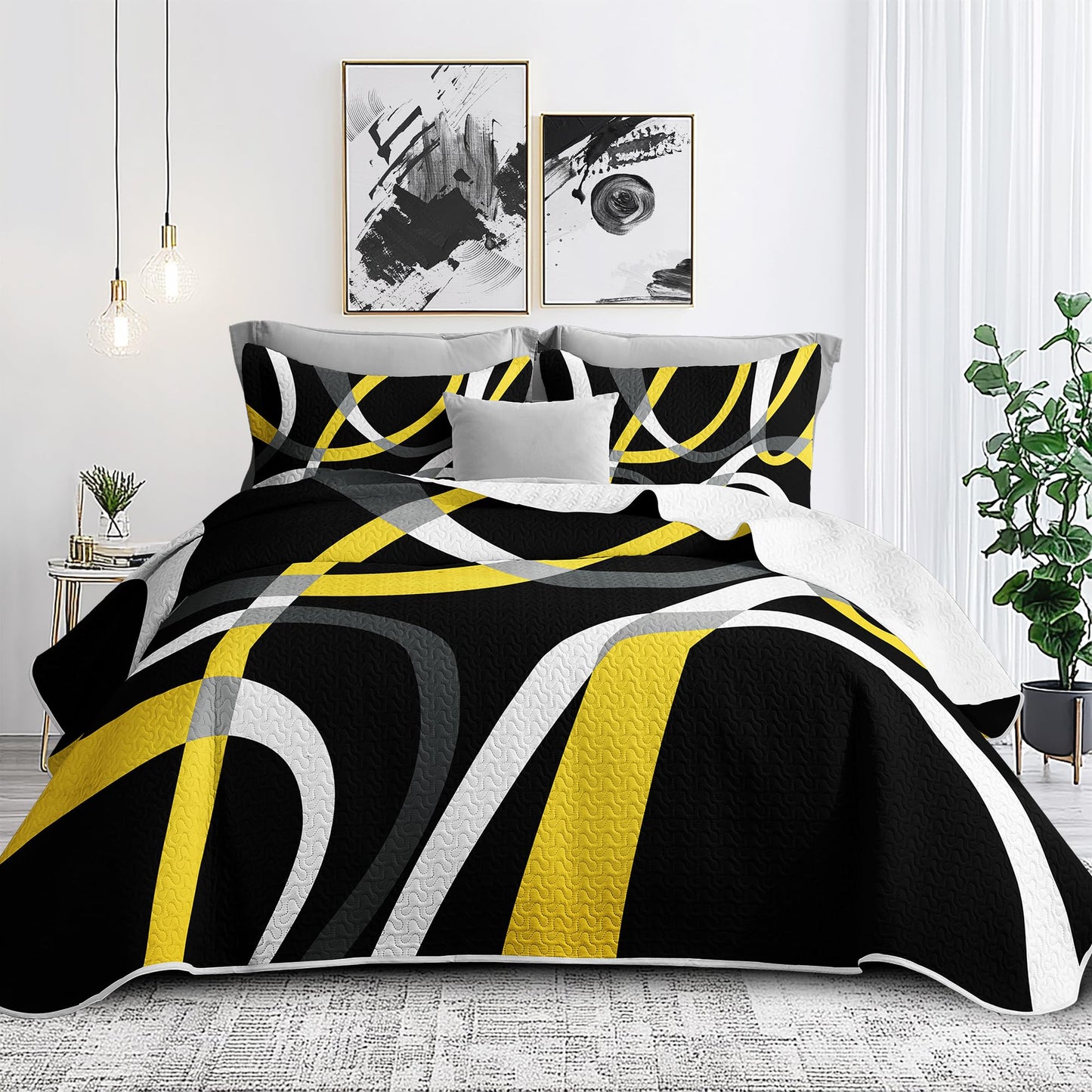 weesire Black and Yellow Bedding Quilt King Size with 2 Shams, Modern Stripe Comforter Sets Classic Line Pattern Bedspreads Grey and Yellow Coverlet, 96''x106''