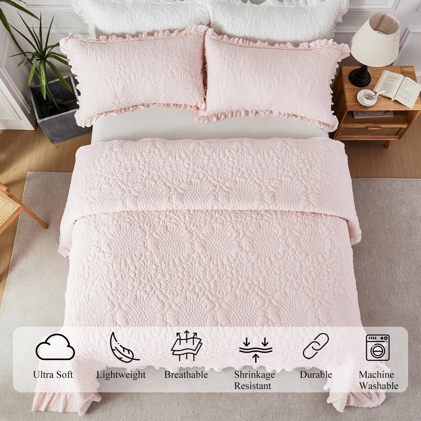WINLIFE Pink Ruffled Quilt Set 3pcs, Queen Size 90''x98'' Stone Washed Crinkled Quilt Set with Pillow Shams, Lightweight Microfiber All Season Bedspread Coverlet for Farmhouse Shabby Chic Bedroom